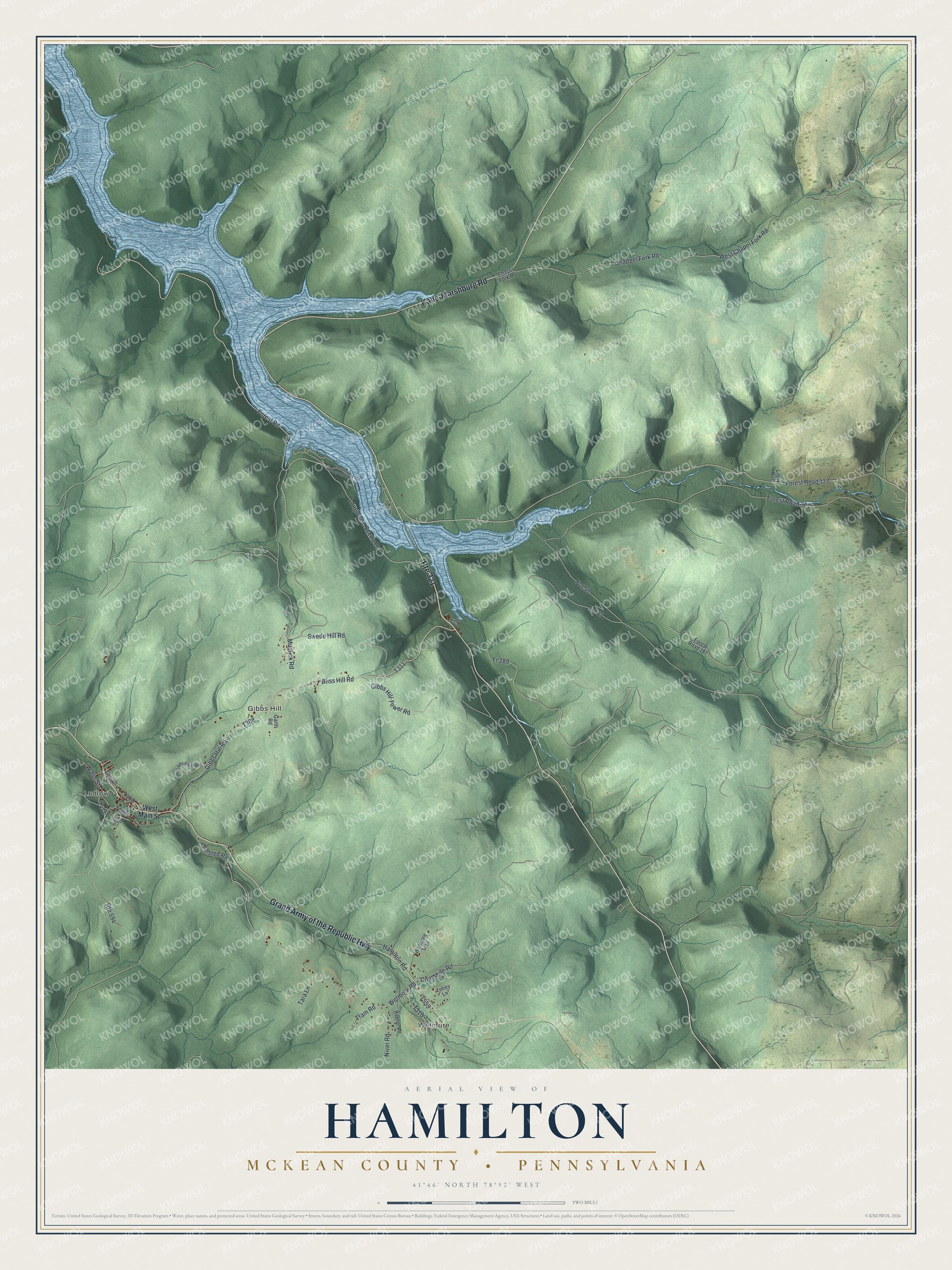 Full map of Hamilton, McKean County, Pennsylvania, with red buildings, printed street names and the land around them