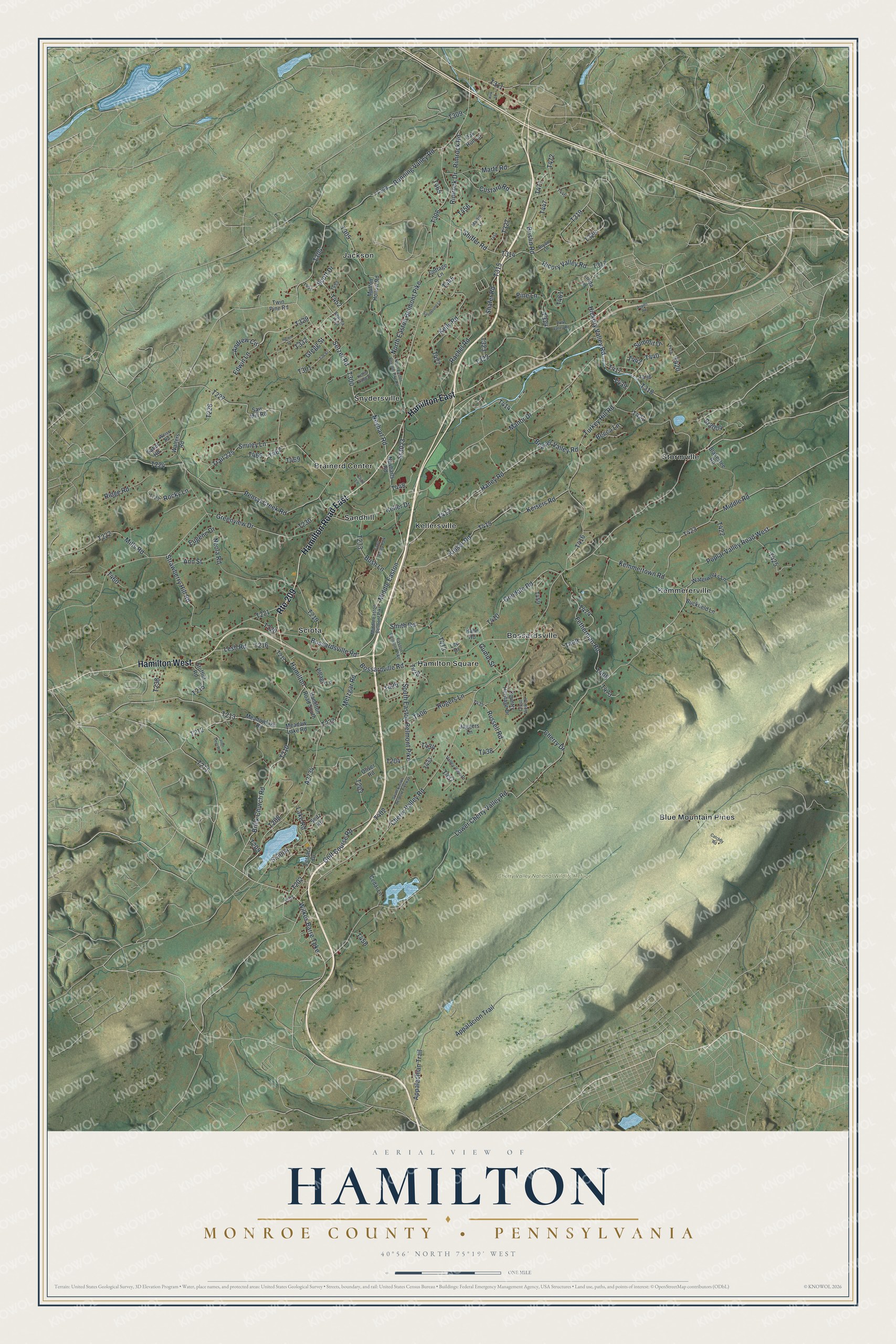 Full map of Hamilton, Monroe County, Pennsylvania, with red buildings, printed street names and the land around them