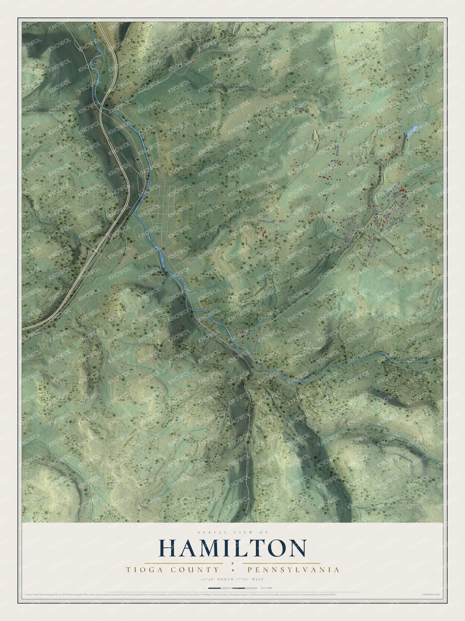 Full map of Hamilton, Tioga County, Pennsylvania, with red buildings, printed street names and the land around them