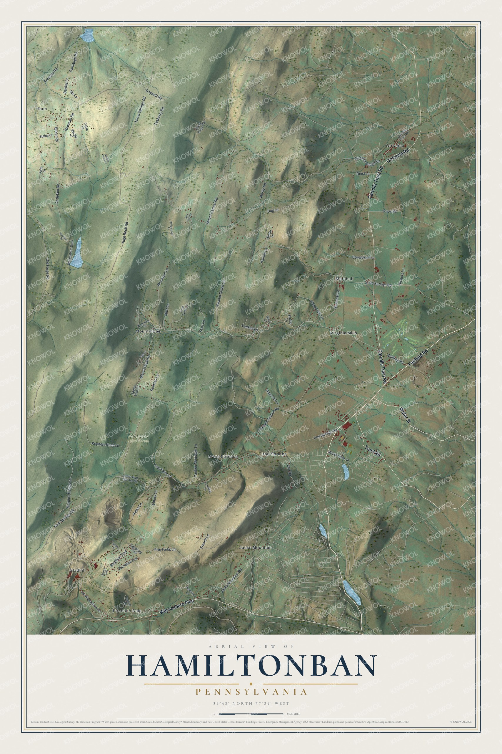 Full map of Hamiltonban, Pennsylvania, with red buildings, printed street names and the land around them