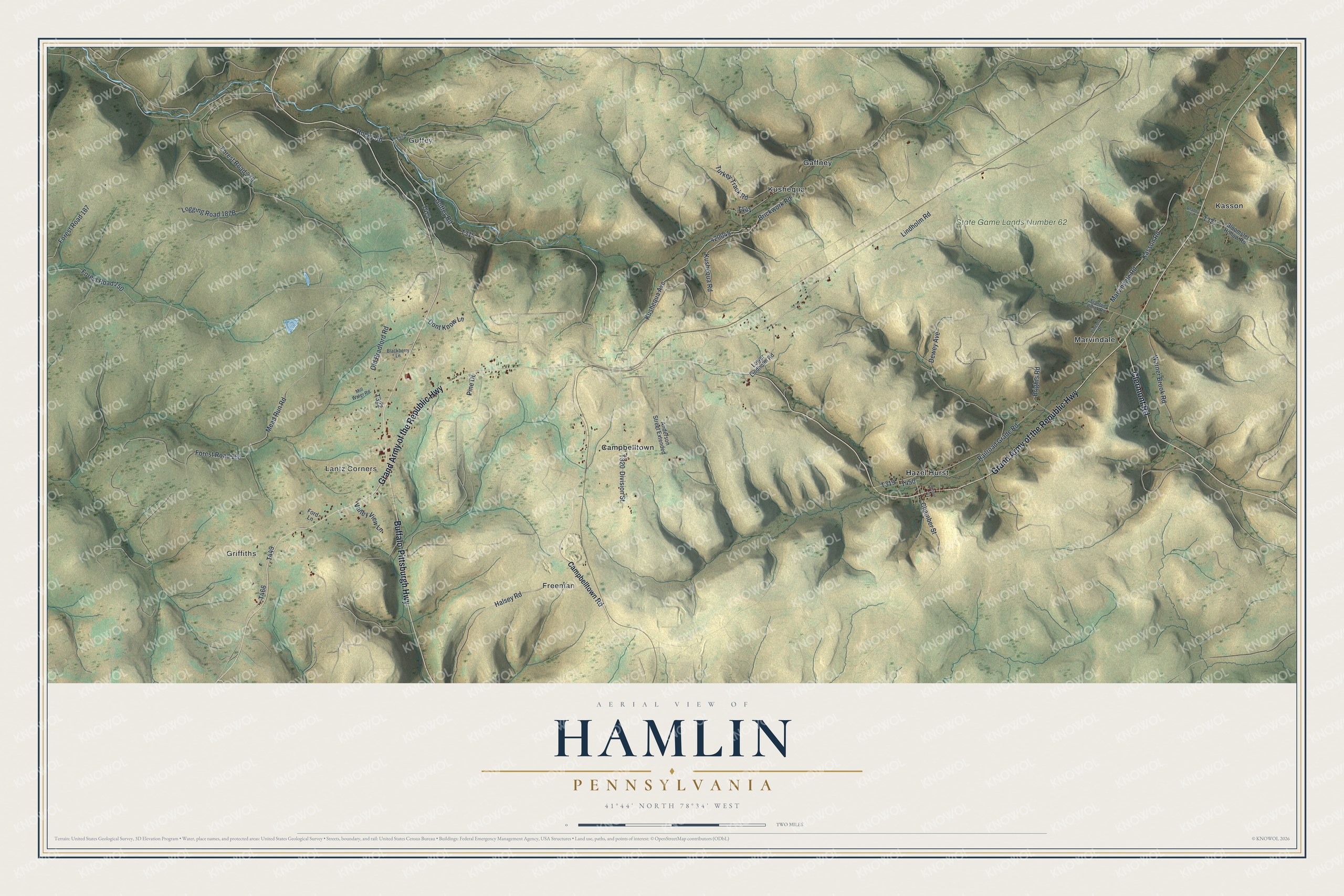 Full map of Hamlin, Pennsylvania, with red buildings, printed street names and the land around them
