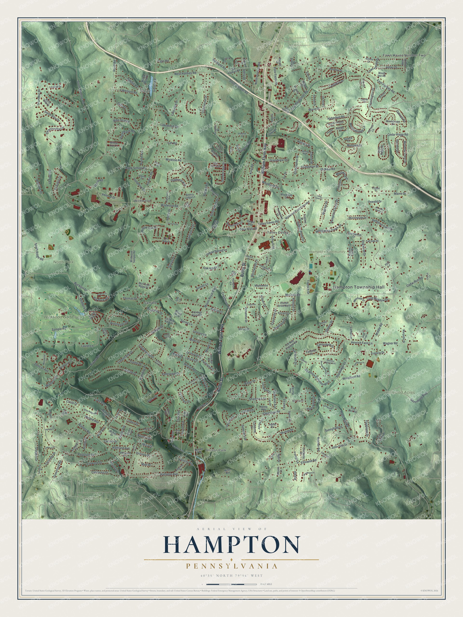 Full map of Hampton, Pennsylvania, with red buildings, printed street names and the land around them