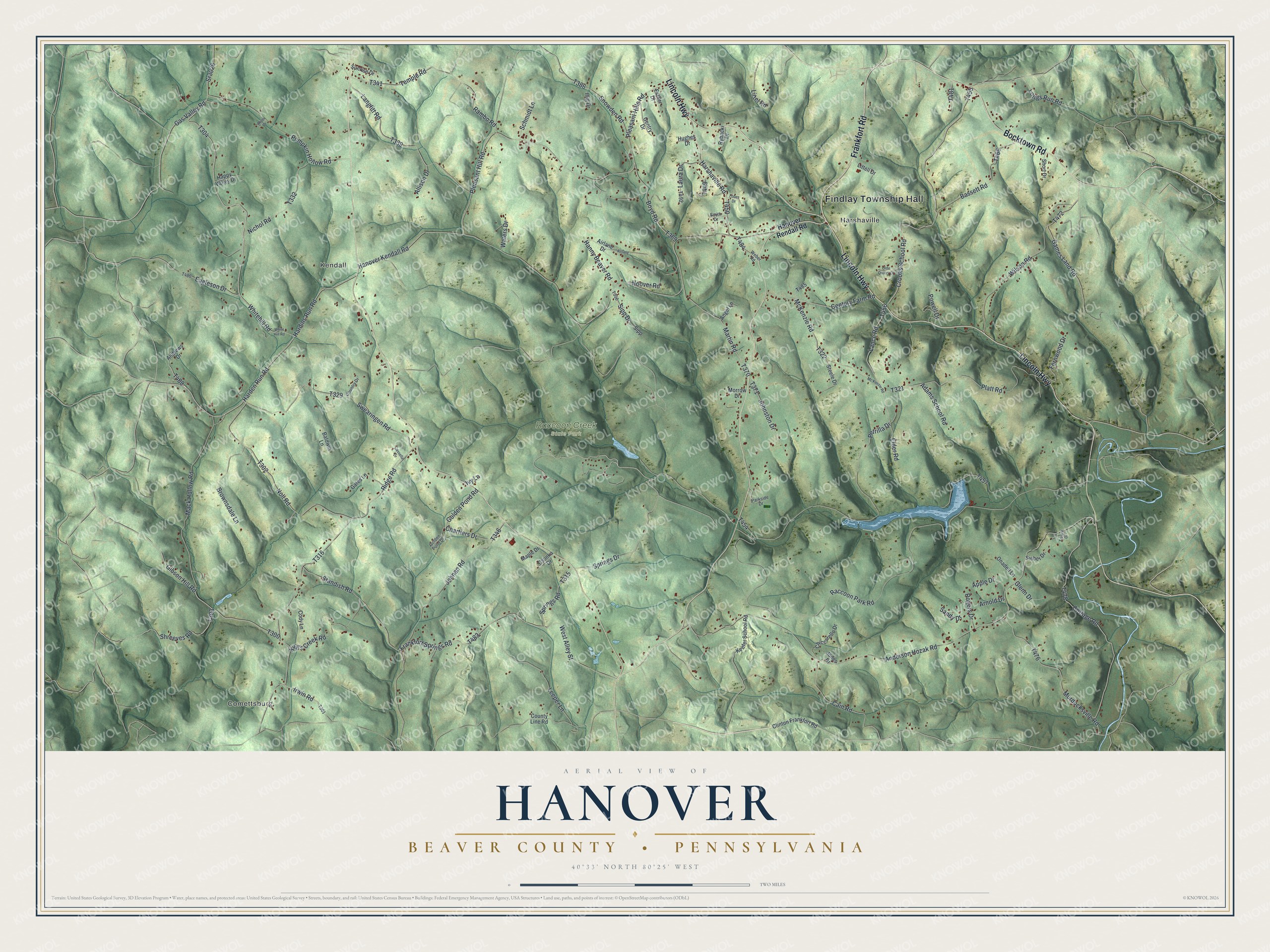 Full map of Hanover, Beaver County, Pennsylvania, with red buildings, printed street names and the land around them
