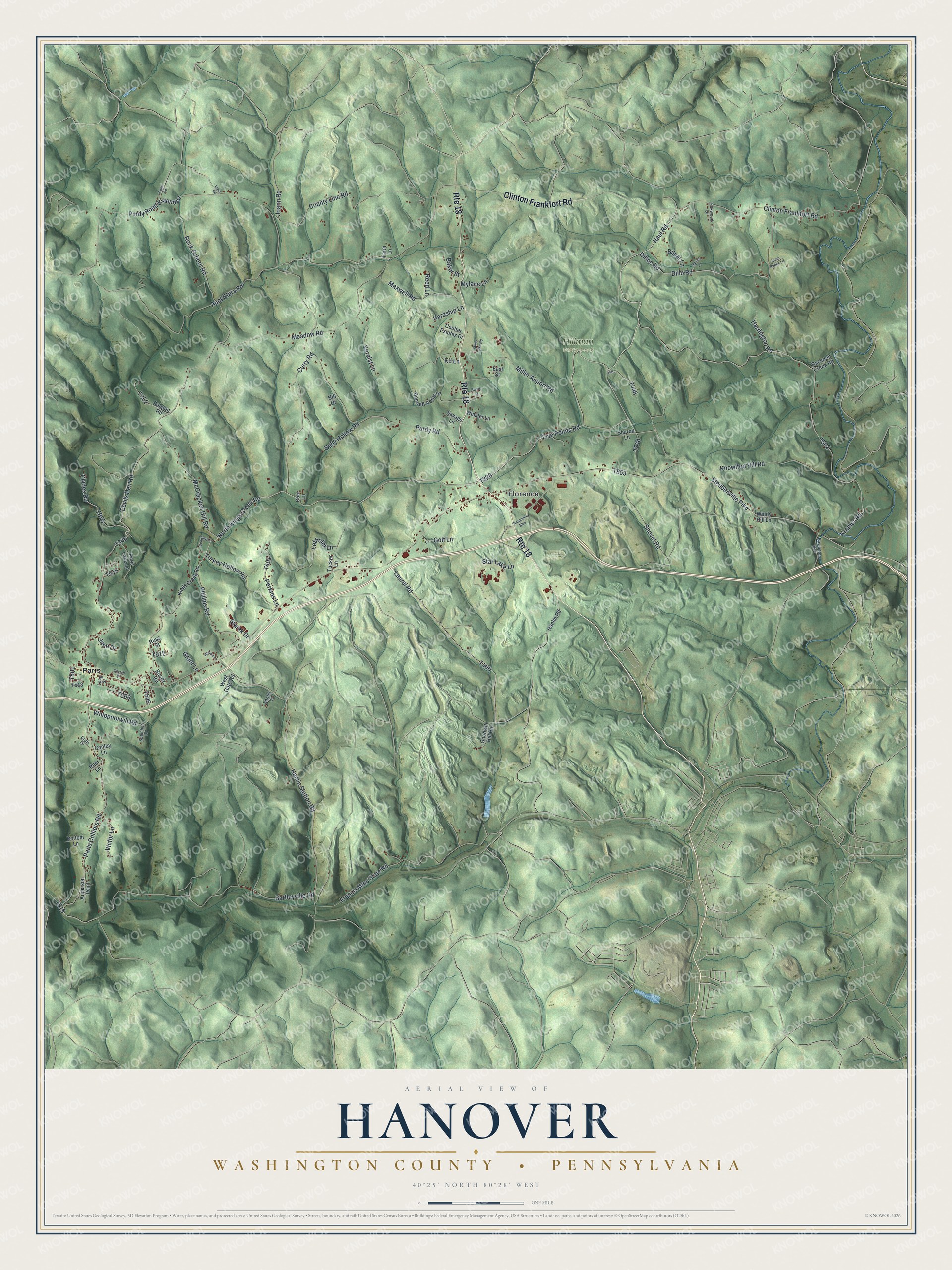 Full map of Hanover, Washington County, Pennsylvania, with red buildings, printed street names and the land around them