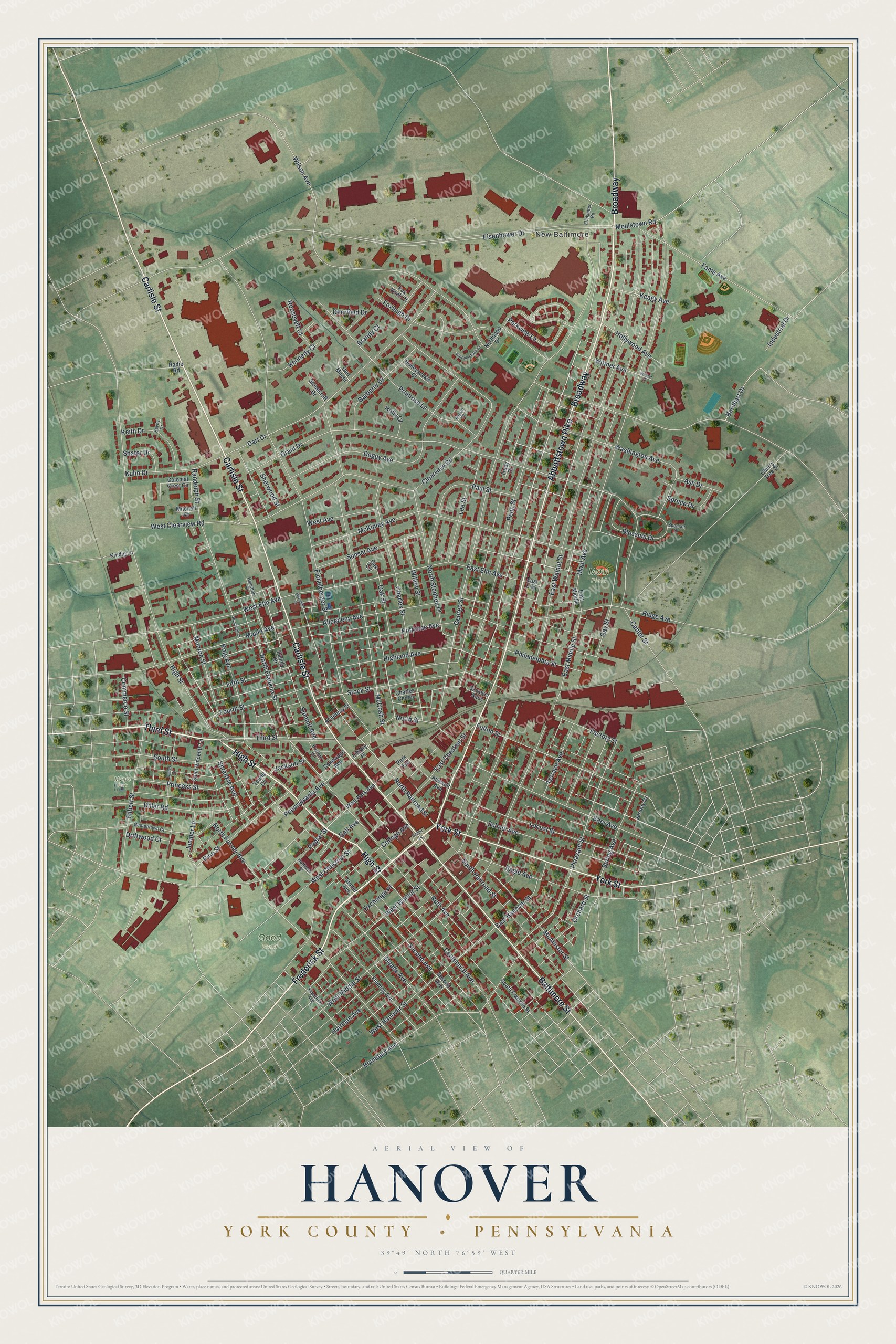 Aerial-style map of Hanover, Pennsylvania, with red buildings over green hills and a title panel at the bottom