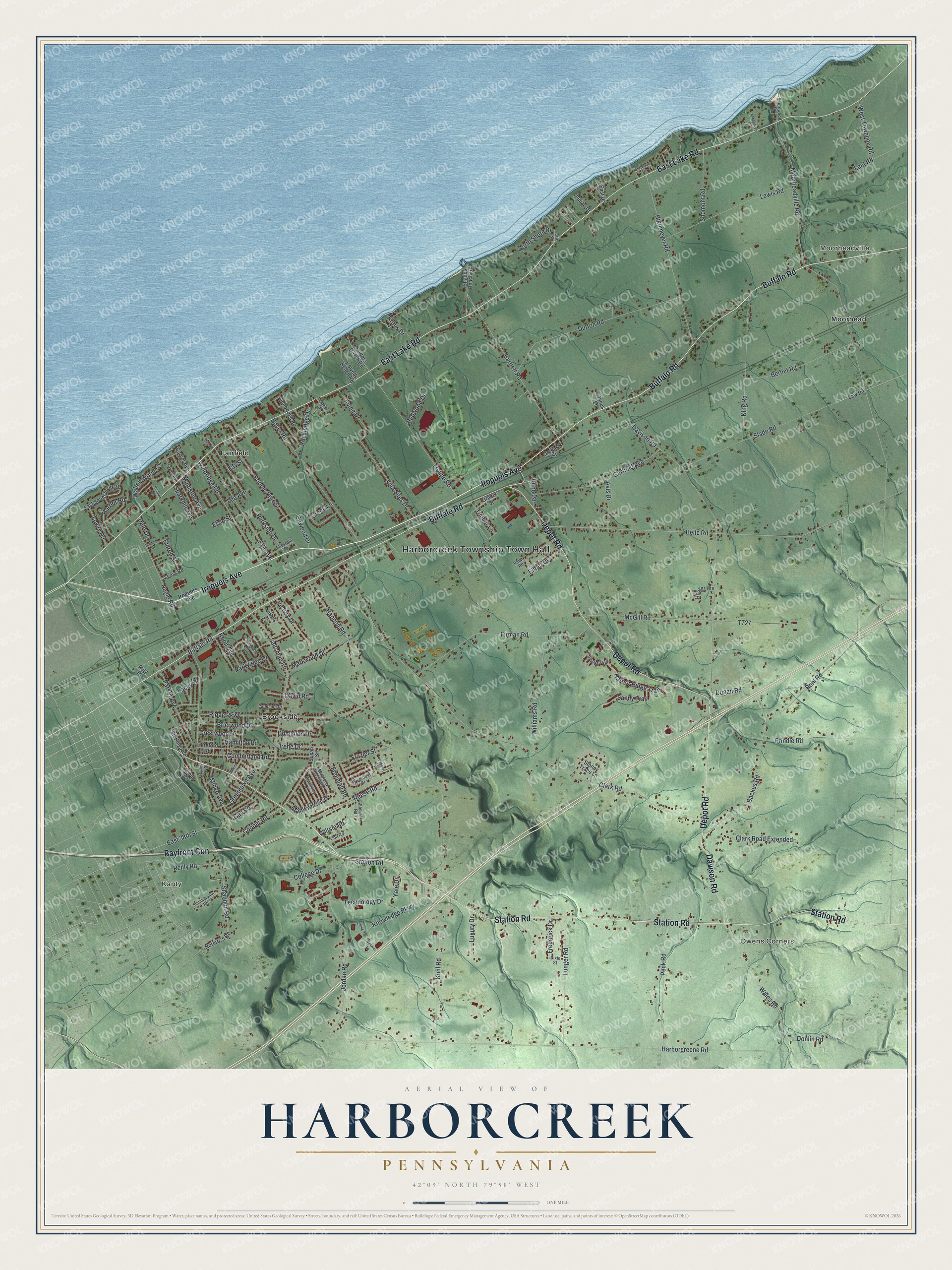 Full map of Harborcreek, Pennsylvania, with red buildings, printed street names and the land around them