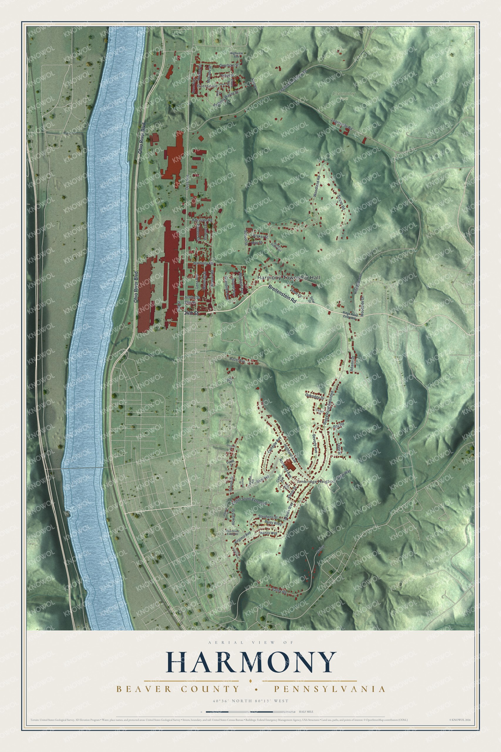 Full map of Harmony, Beaver County, Pennsylvania, with red buildings, printed street names and the land around them
