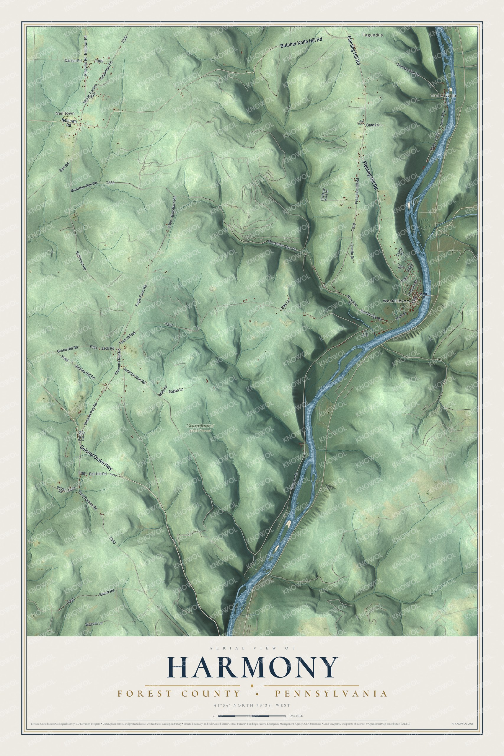 Full map of Harmony, Forest County, Pennsylvania, with red buildings, printed street names and the land around them