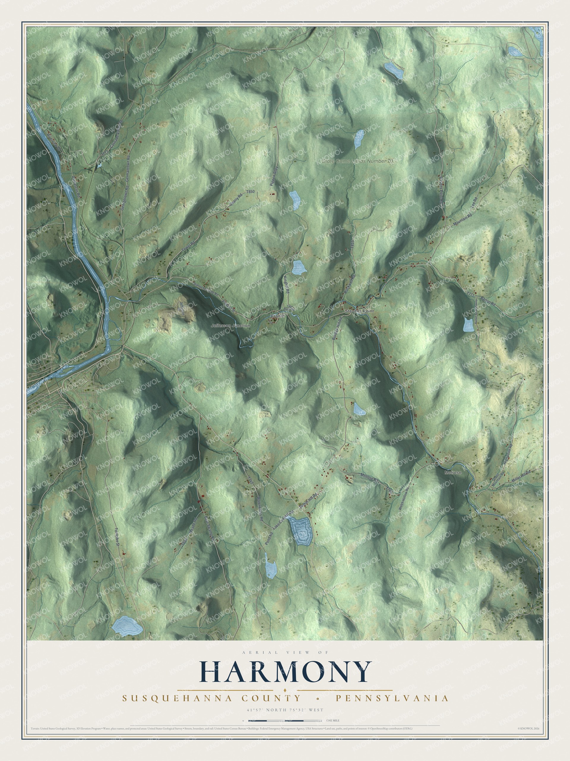 Full map of Harmony, Susquehanna County, Pennsylvania, with red buildings, printed street names and the land around them