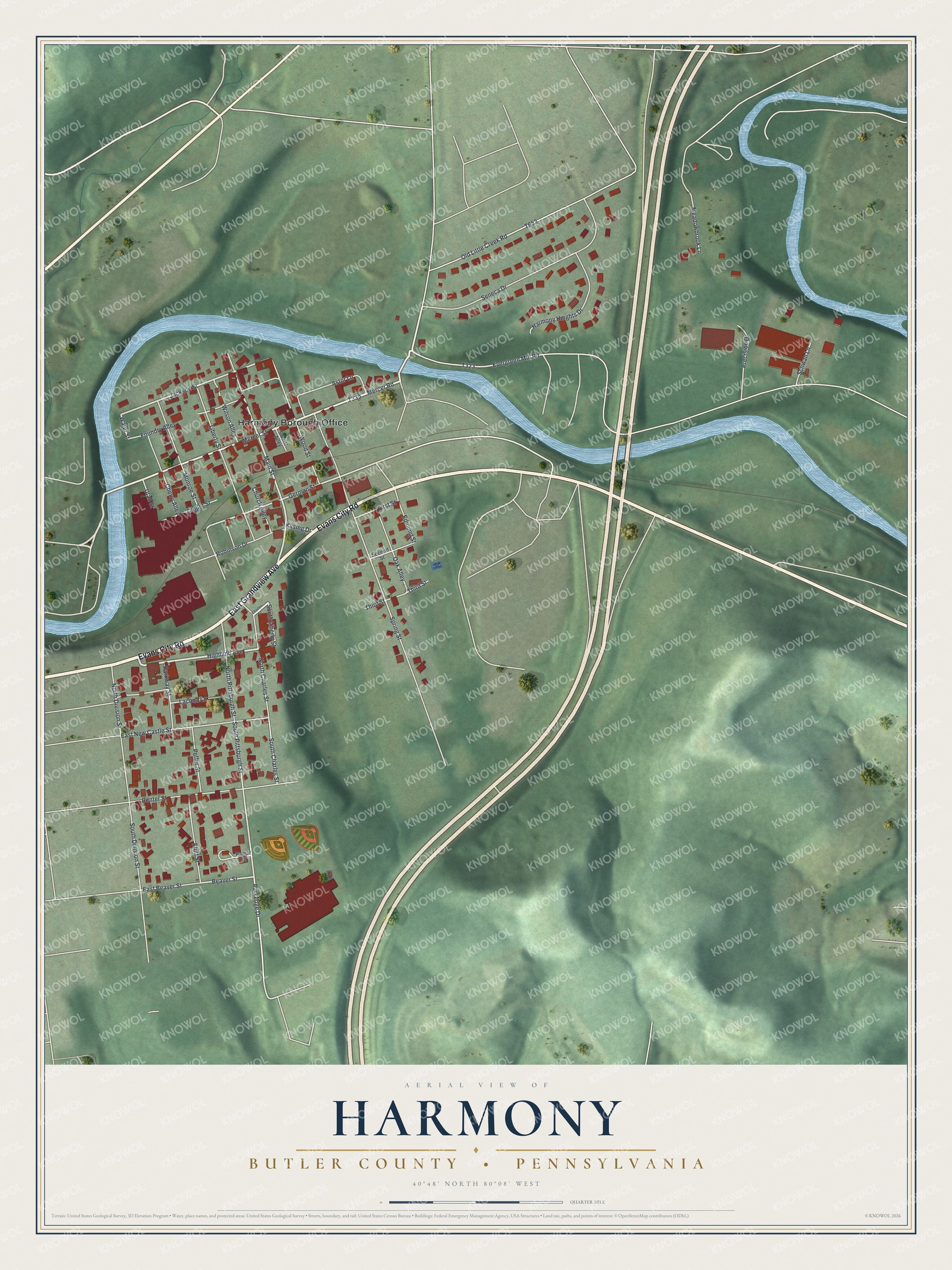 Full map of Harmony, Butler County, Pennsylvania, with red buildings, printed street names and the land around them