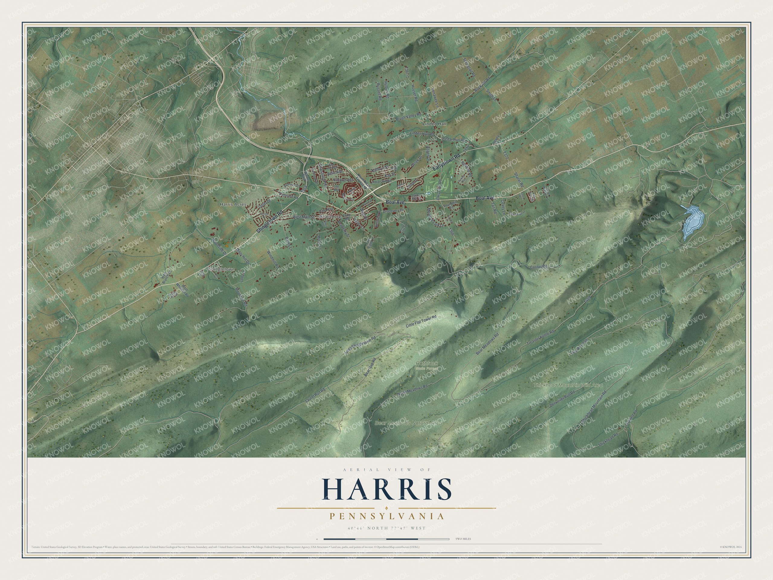 Full map of Harris, Pennsylvania, with red buildings, printed street names and the land around them