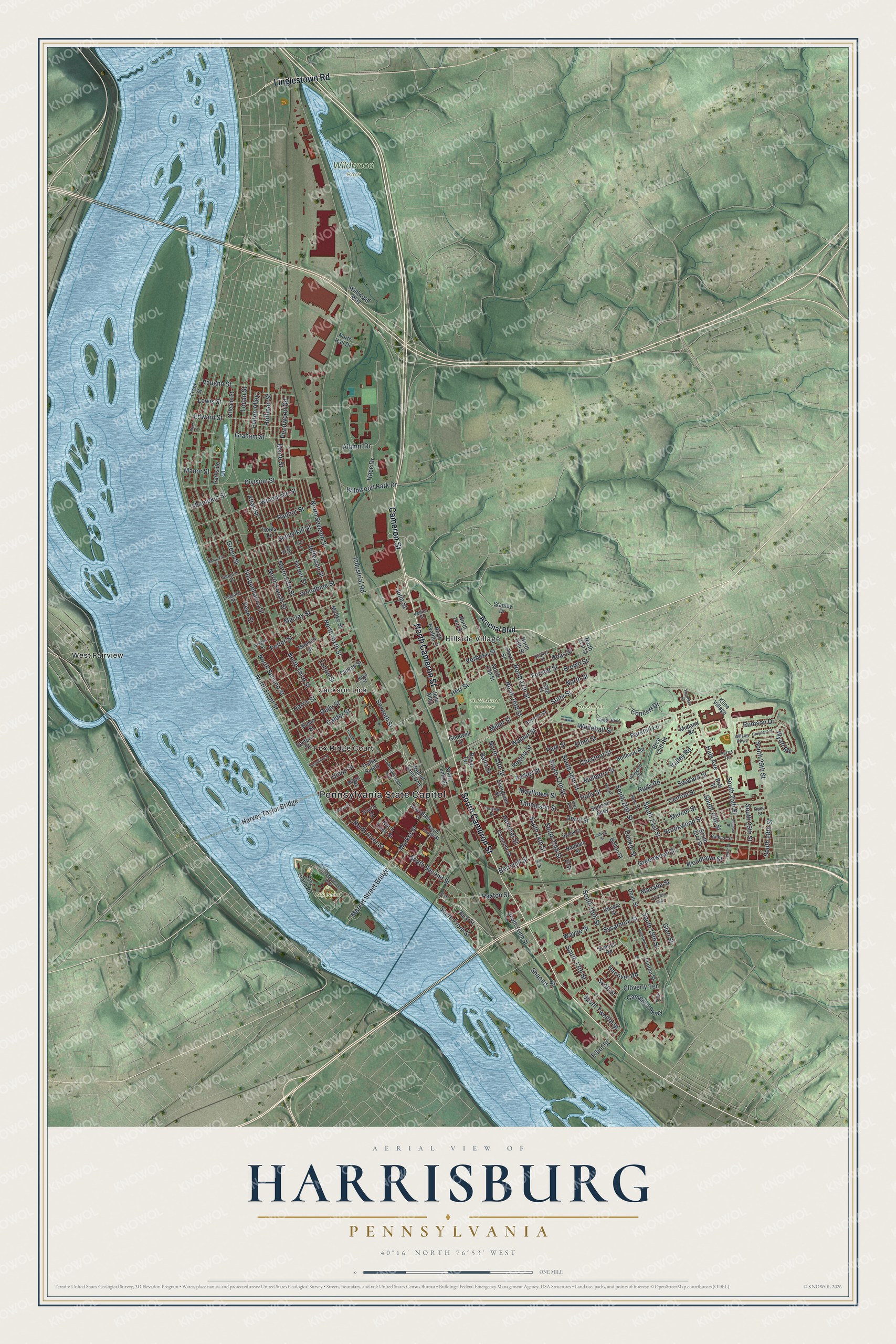 Aerial map of Harrisburg, Pennsylvania with a wide blue river on the left, city blocks in red and green hills to the east