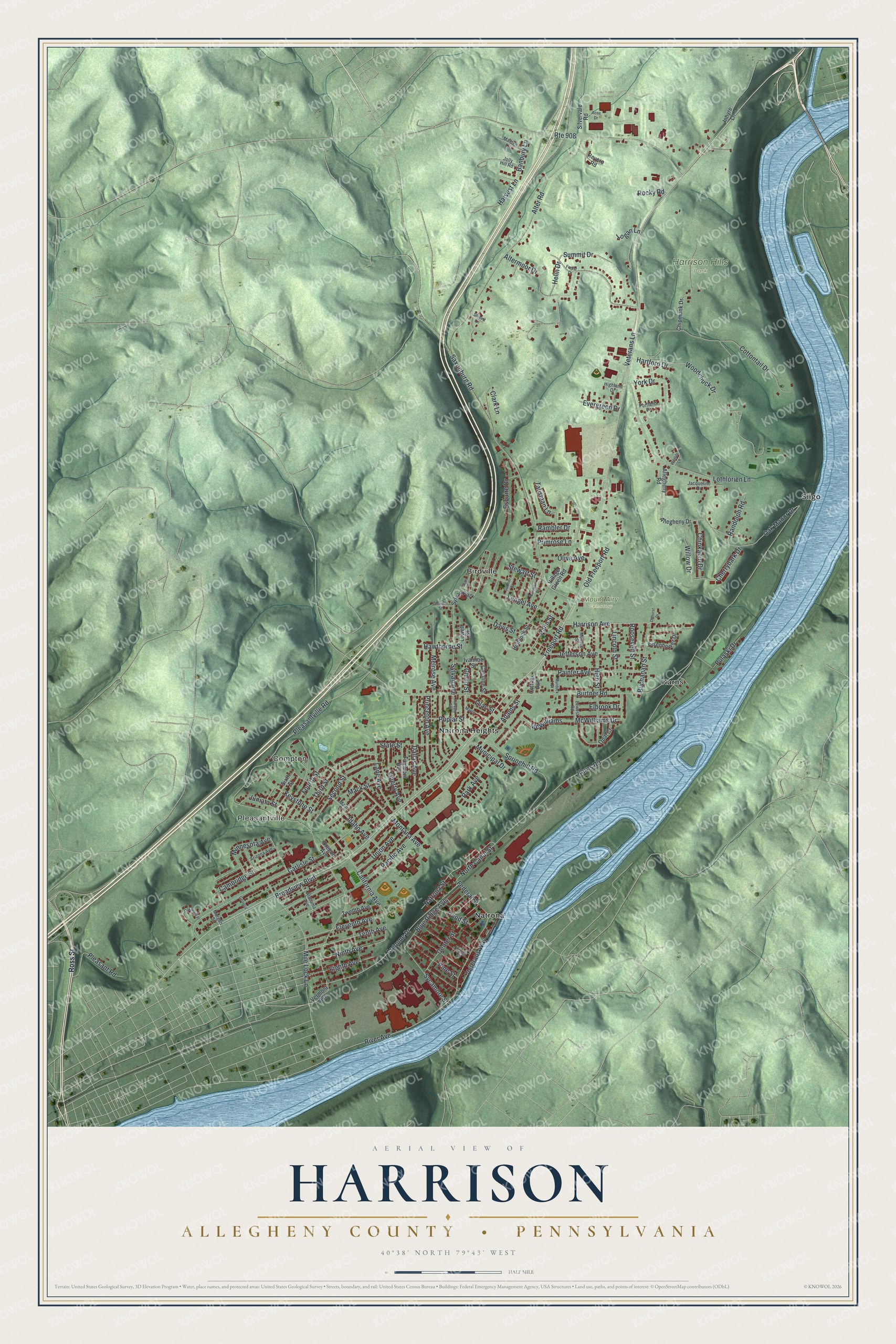 Full map of Harrison, Allegheny County, Pennsylvania, with red buildings, printed street names and the land around them