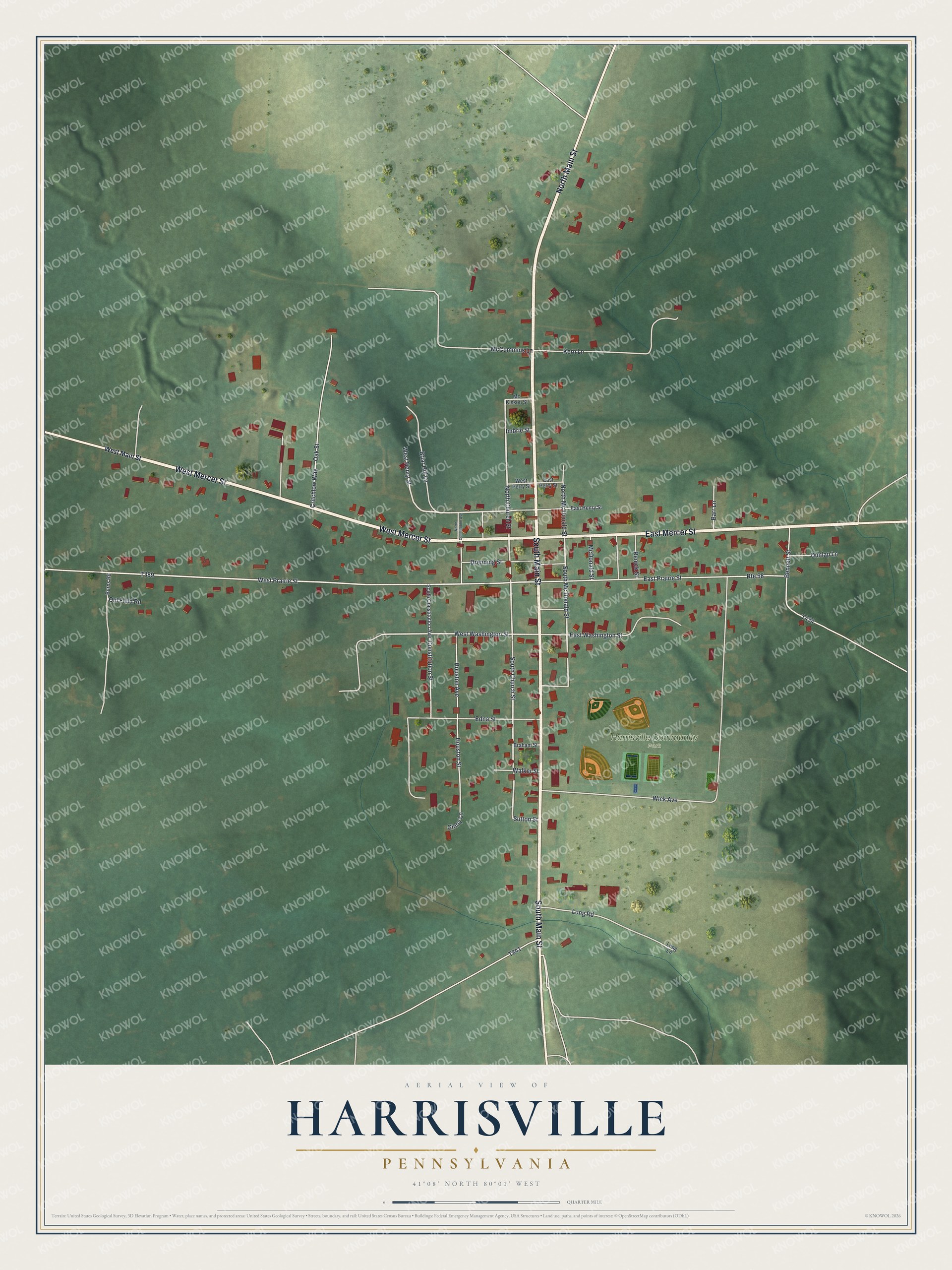 Full map of Harrisville, Pennsylvania, with red buildings, printed street names and the land around them