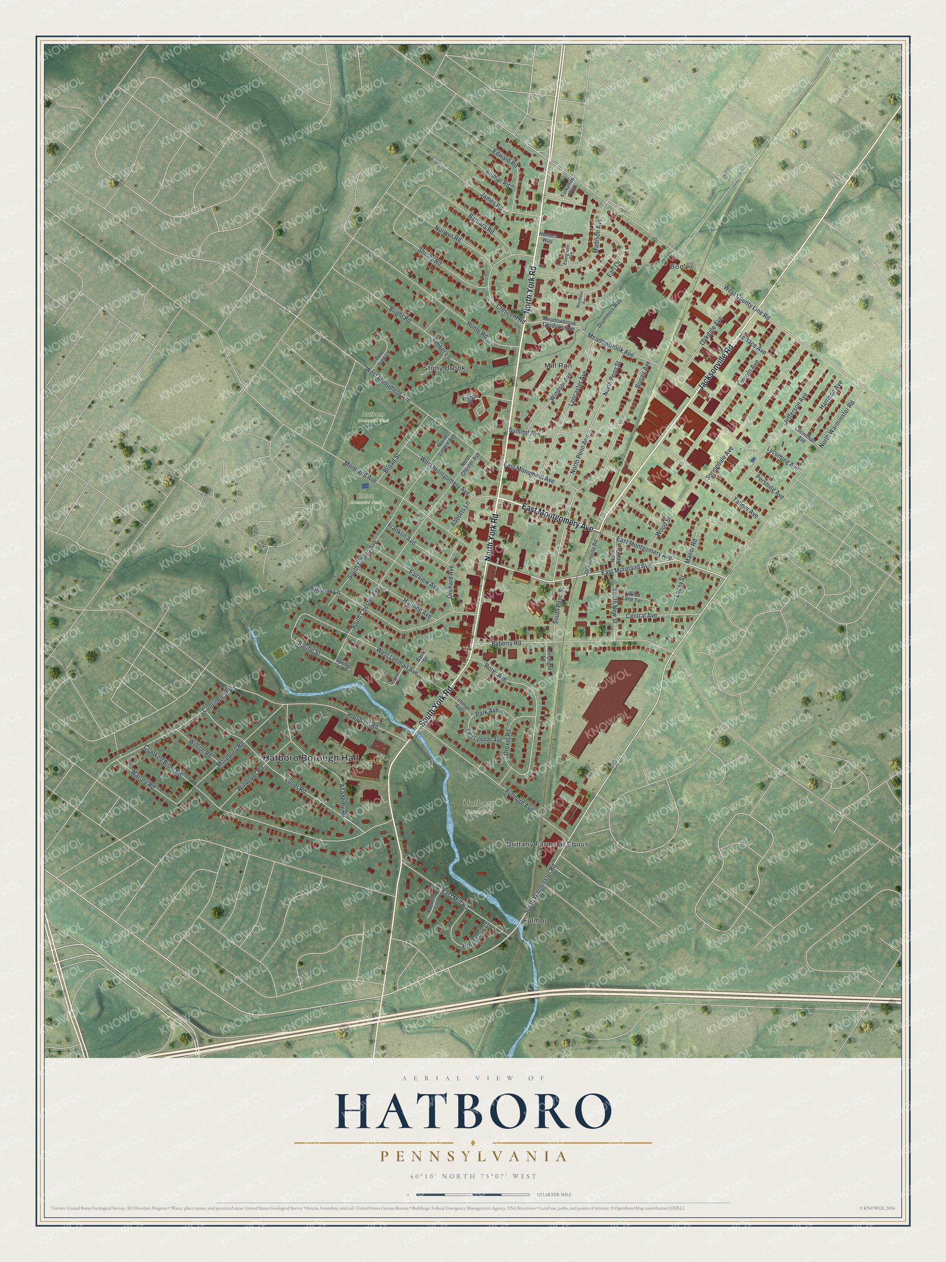 Full map of Hatboro, Pennsylvania, with red buildings, printed street names and the land around them