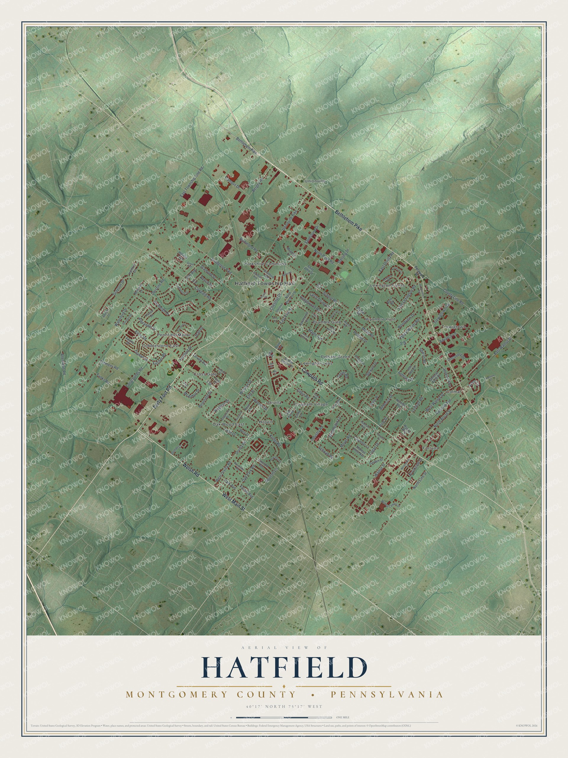 Full map of Hatfield Township, Pennsylvania, with red buildings, printed street names and the land around them
