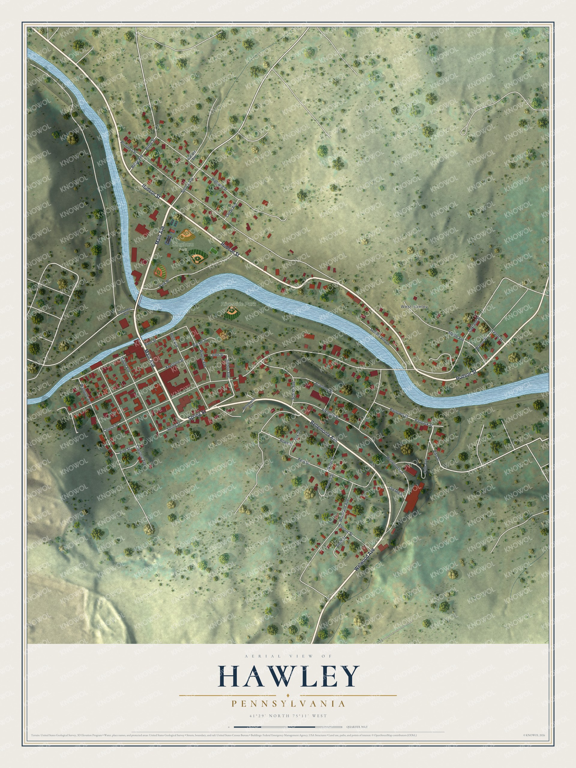Full map of Hawley, Pennsylvania, with red buildings, printed street names and the land around them