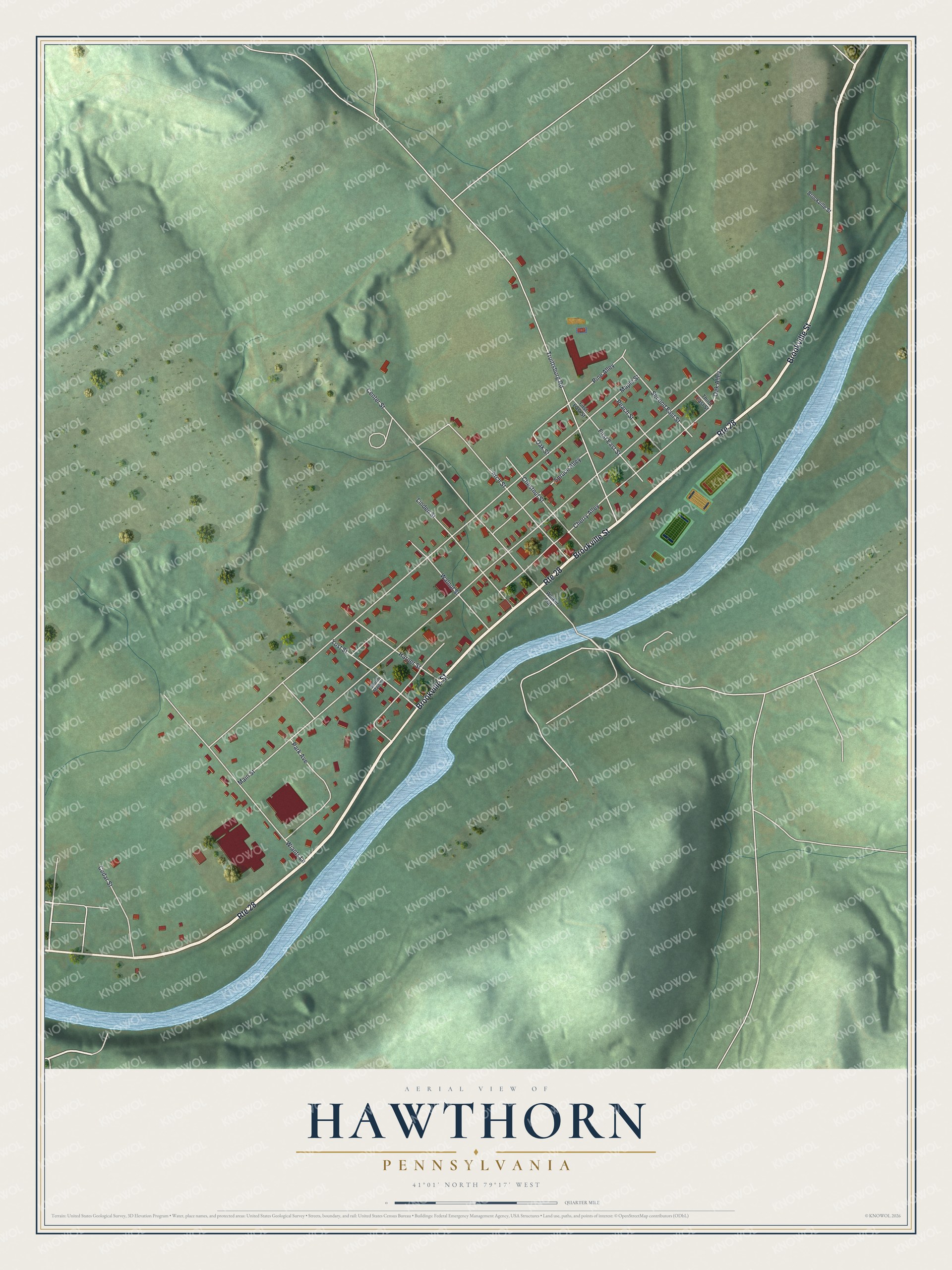 Full map of Hawthorn, Pennsylvania, with red buildings, printed street names and the land around them