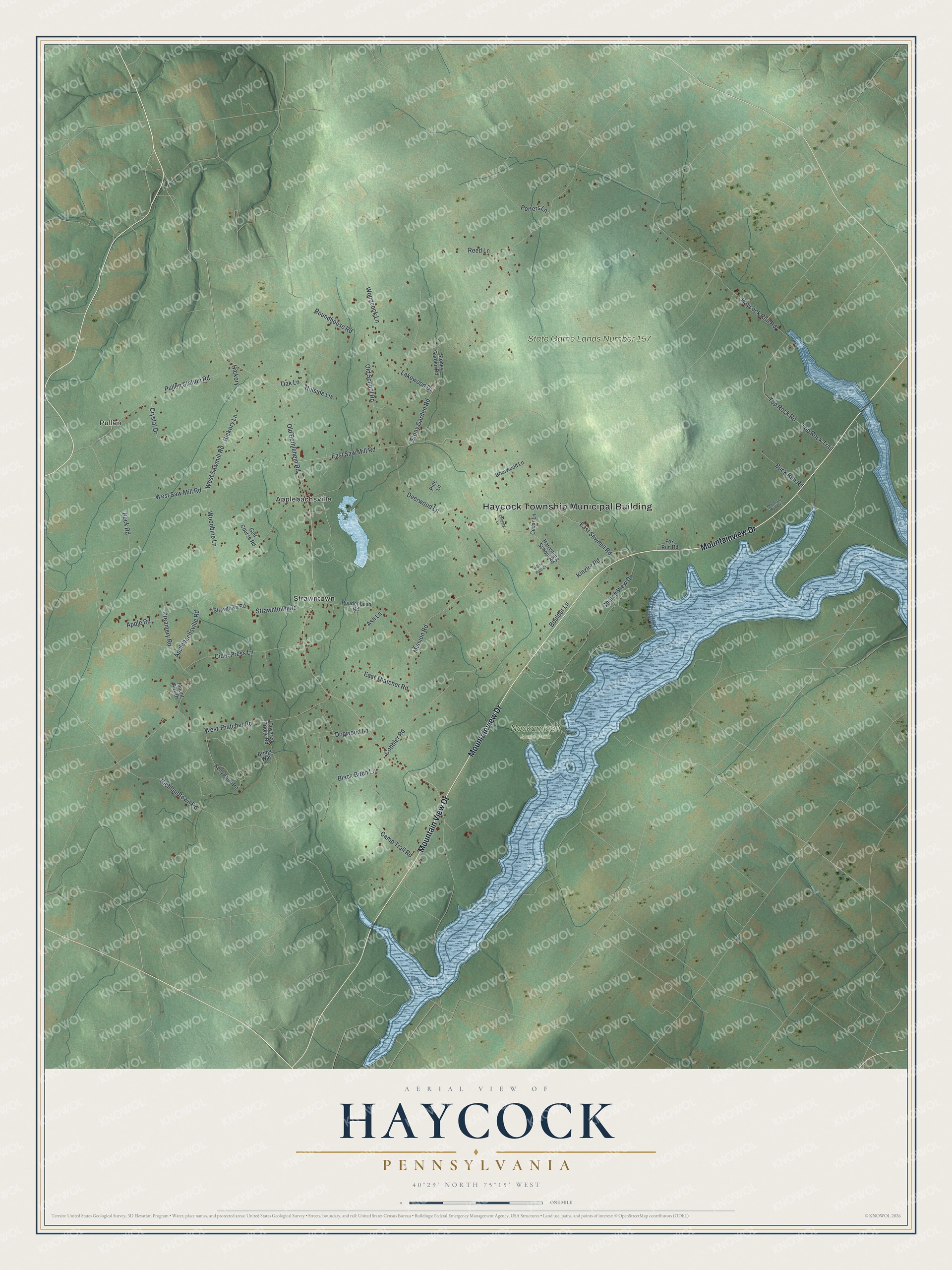 Full map of Haycock, Pennsylvania, with red buildings, printed street names and the land around them