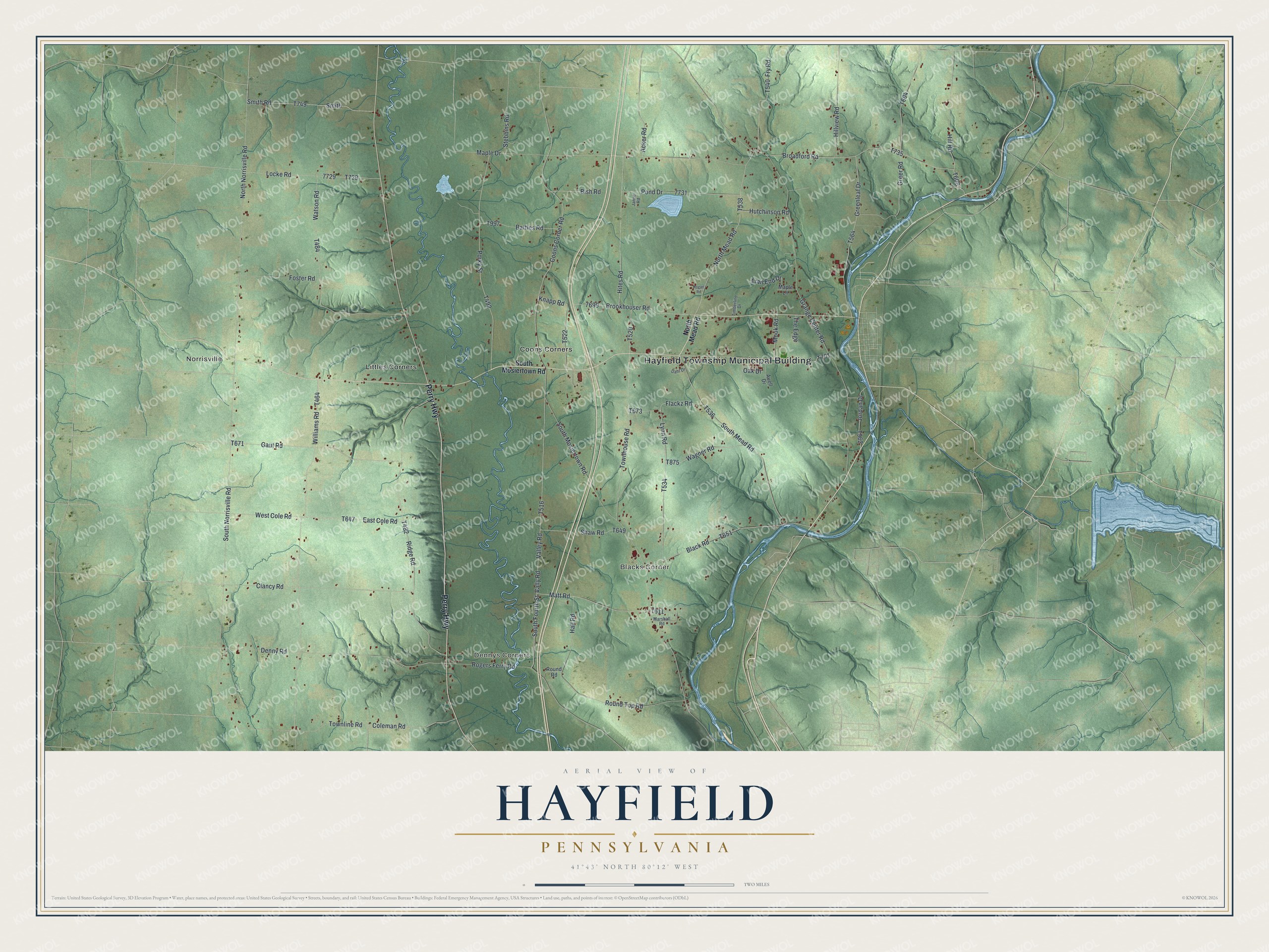 Full map of Hayfield, Pennsylvania, with red buildings, printed street names and the land around them