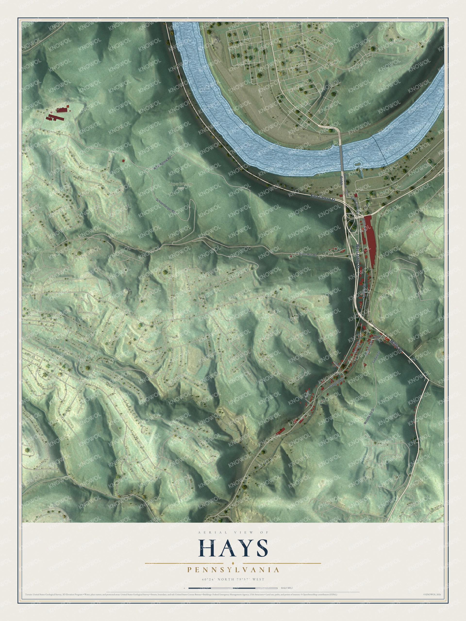 Aerial map of Hays, Pennsylvania, with Hays Woods, a broad blue river bend, green hills, red buildings, and a cream title panel
