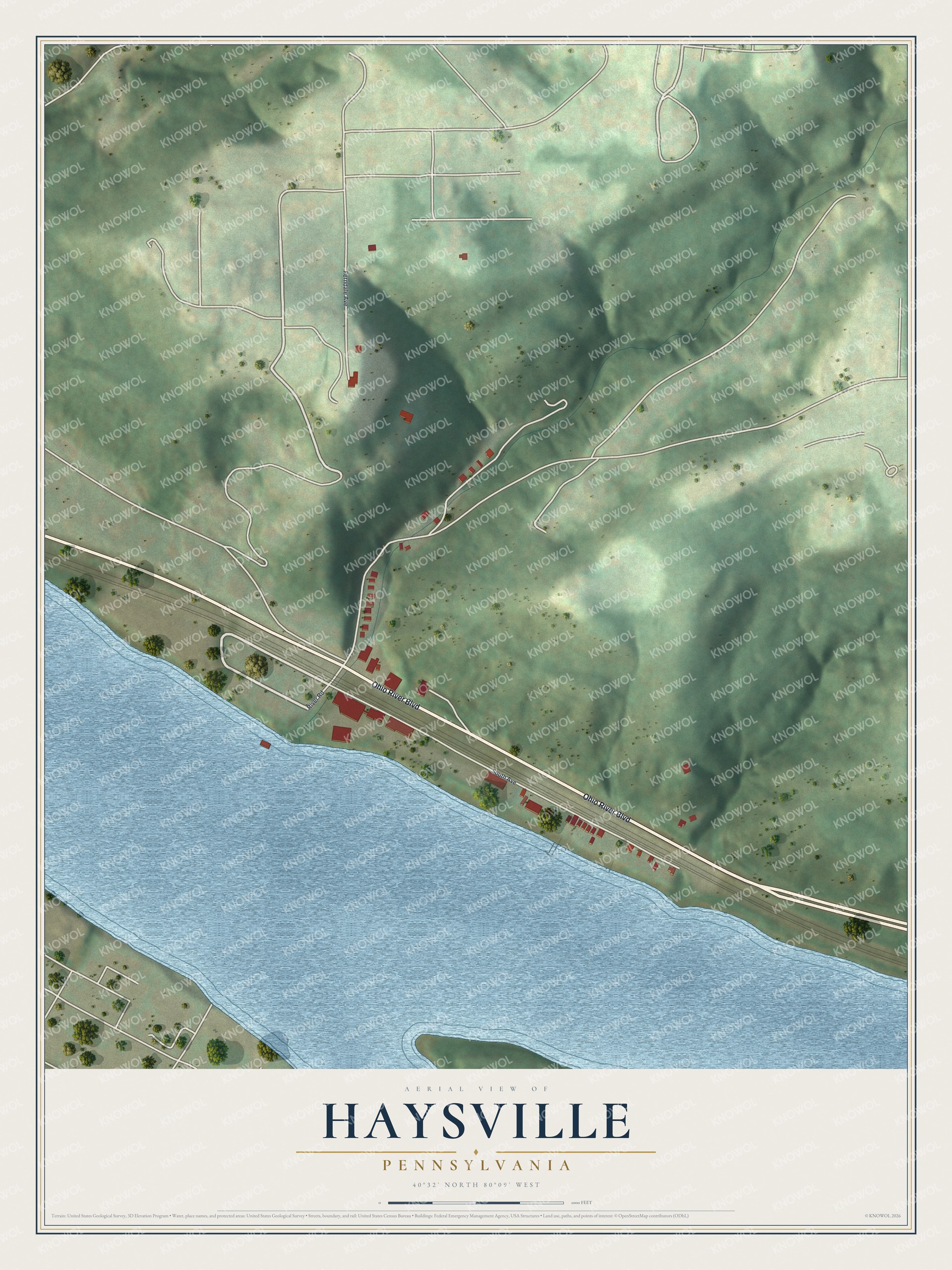 Full map of Haysville, Pennsylvania, with red buildings, printed street names and the land around them