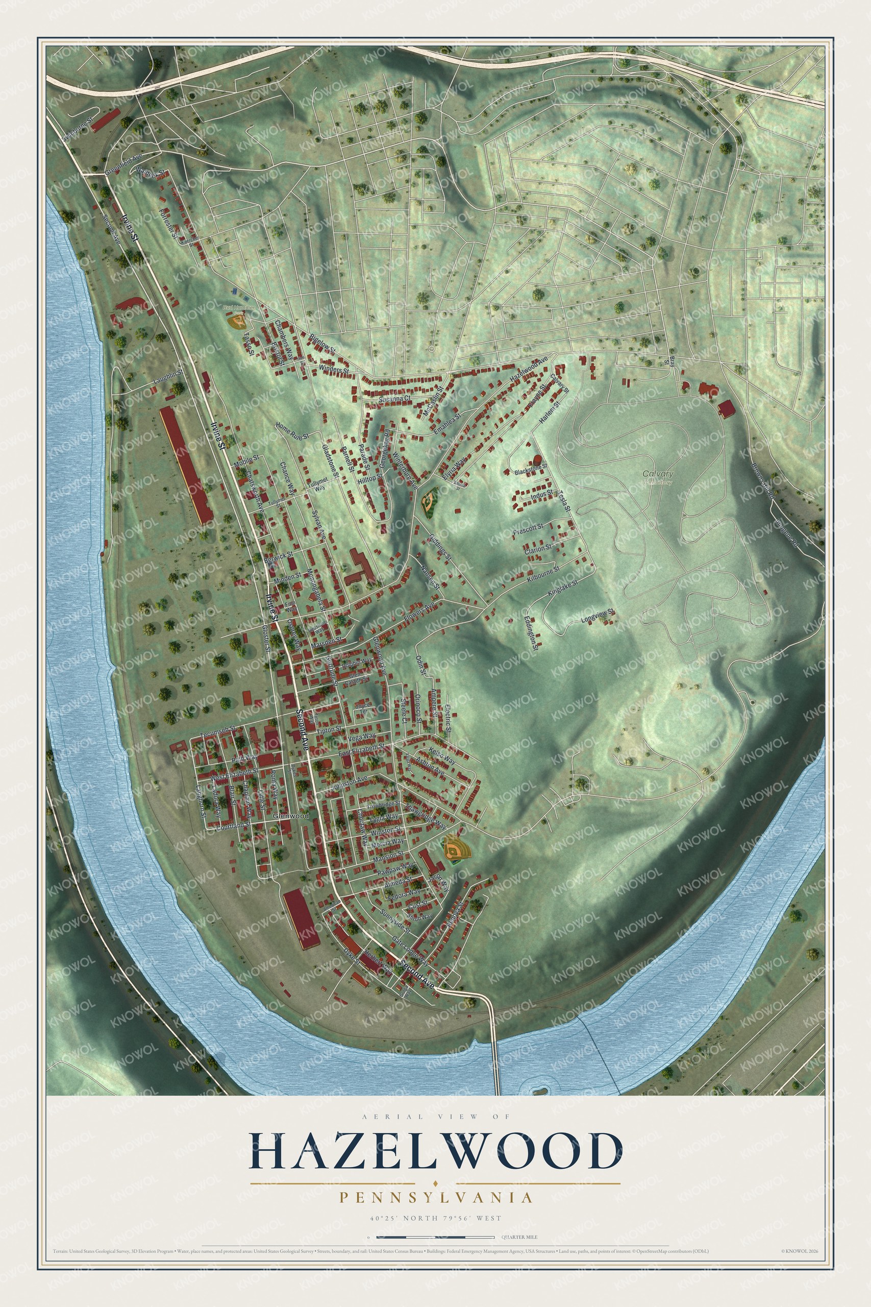 Full map of Hazelwood, Pennsylvania, with red buildings, printed street names and the land around them