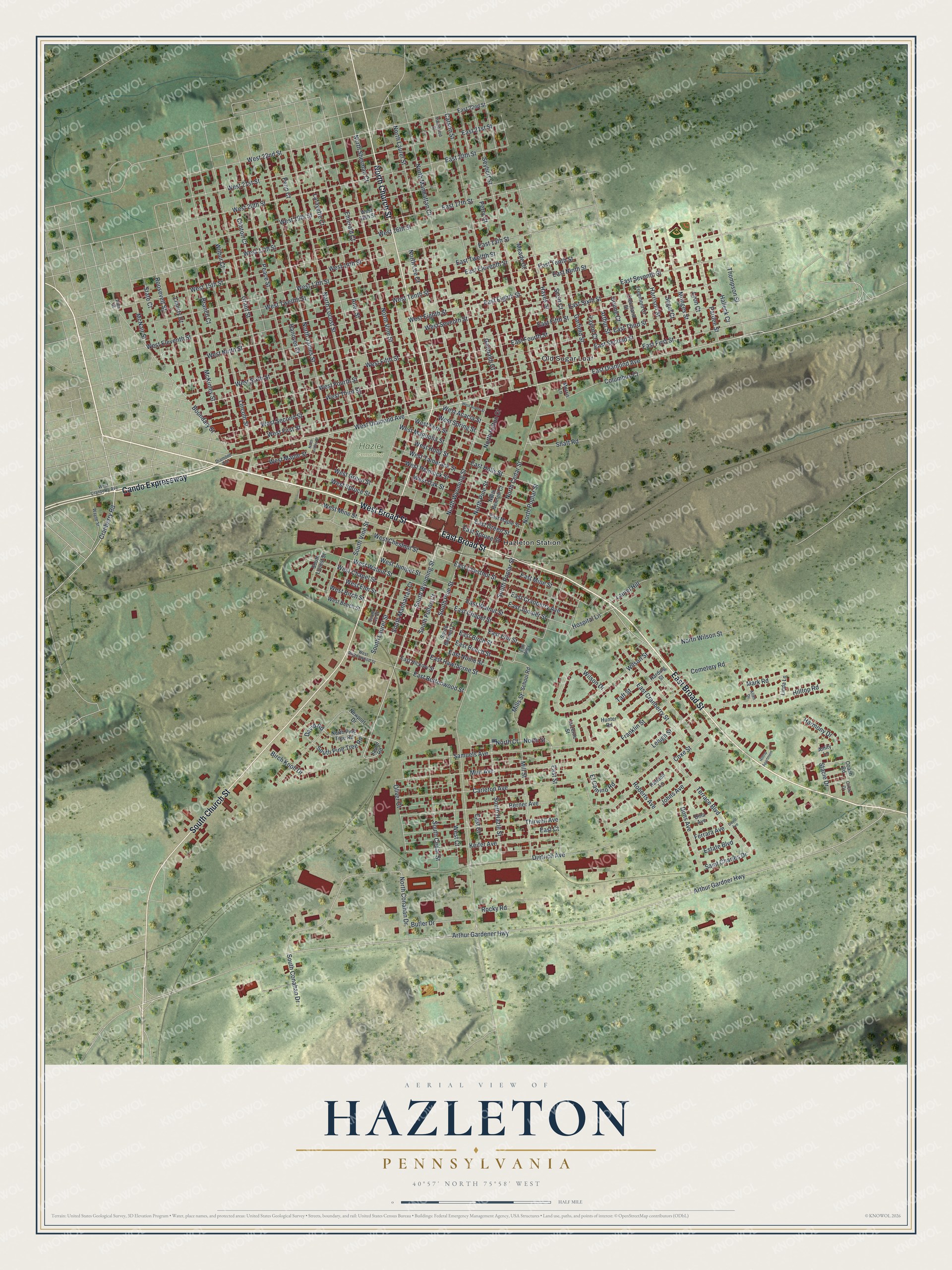 Full map of Hazleton, Pennsylvania, with red buildings, printed street names and the land around them
