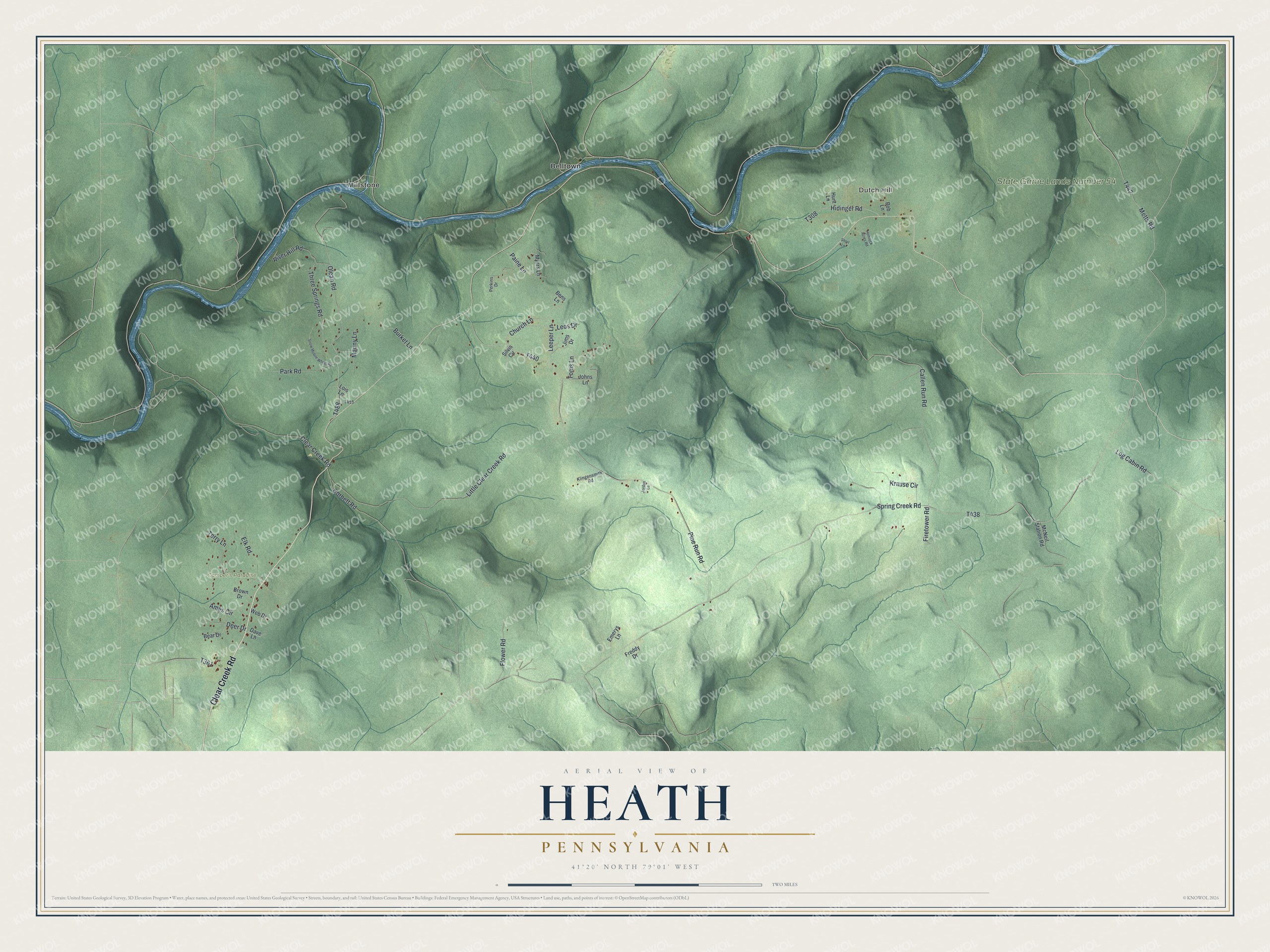 Full map of Heath, Pennsylvania, with red buildings, printed street names and the land around them