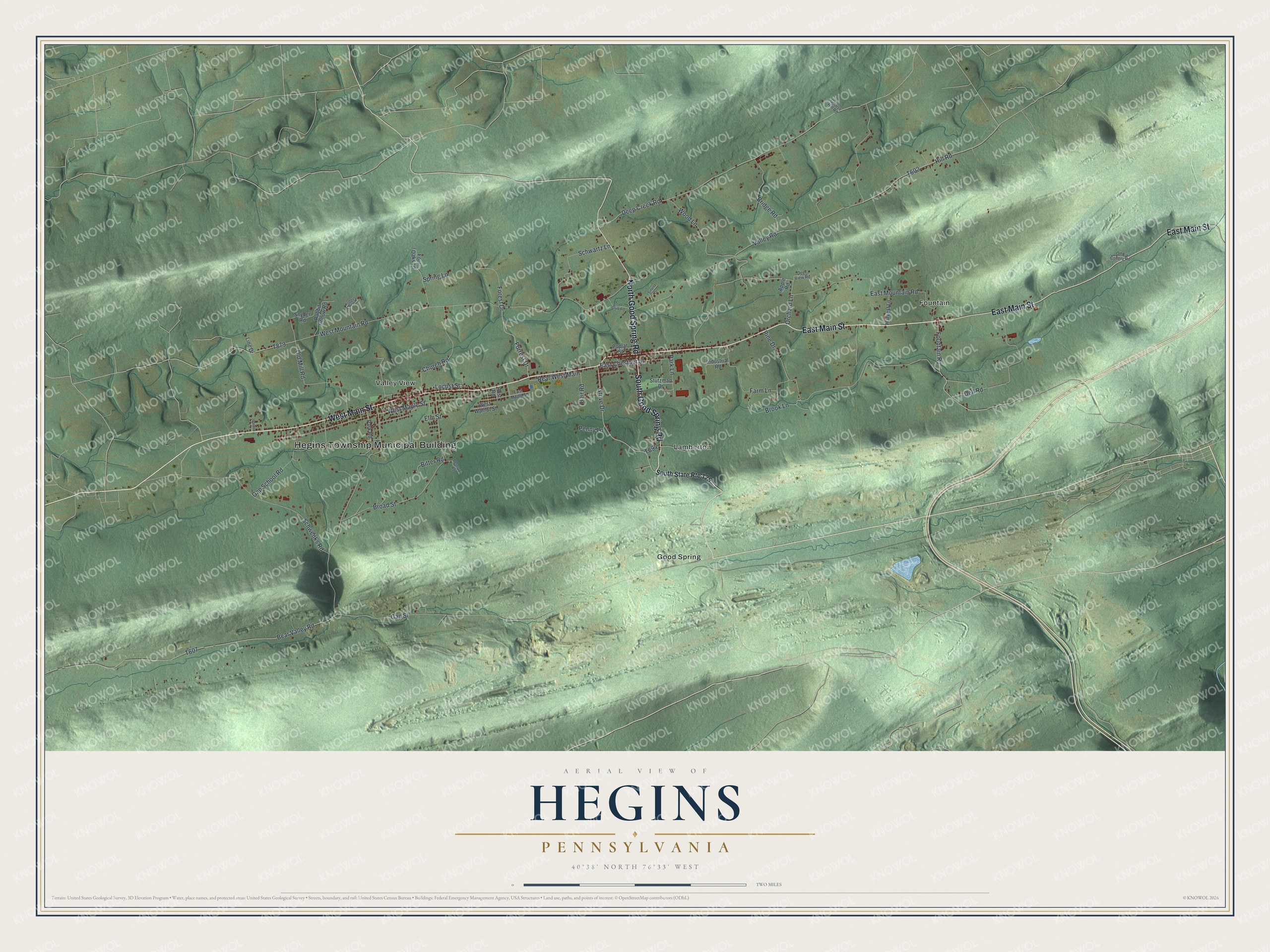 Full map of Hegins, Pennsylvania, with red buildings, printed street names and the land around them