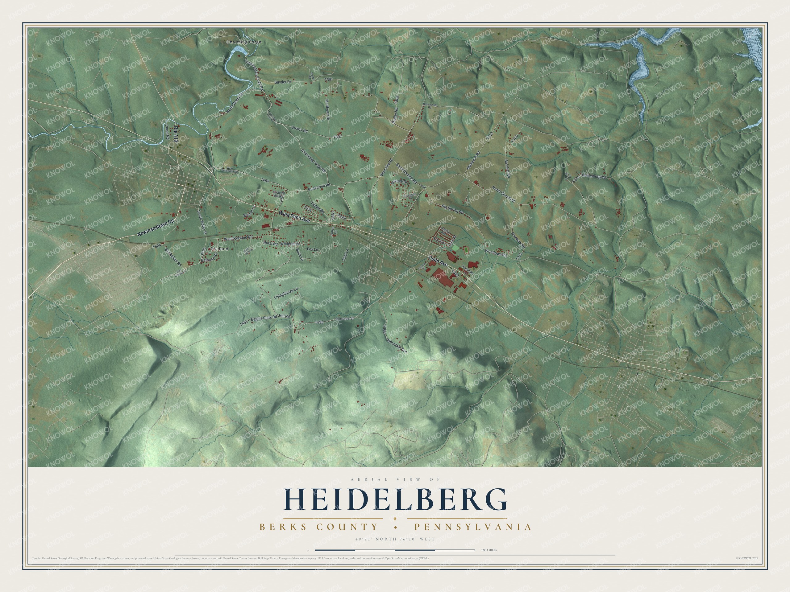 Aerial map of Heidelberg in Berks County with shaded green hills, red buildings, blue streams and a cream title panel