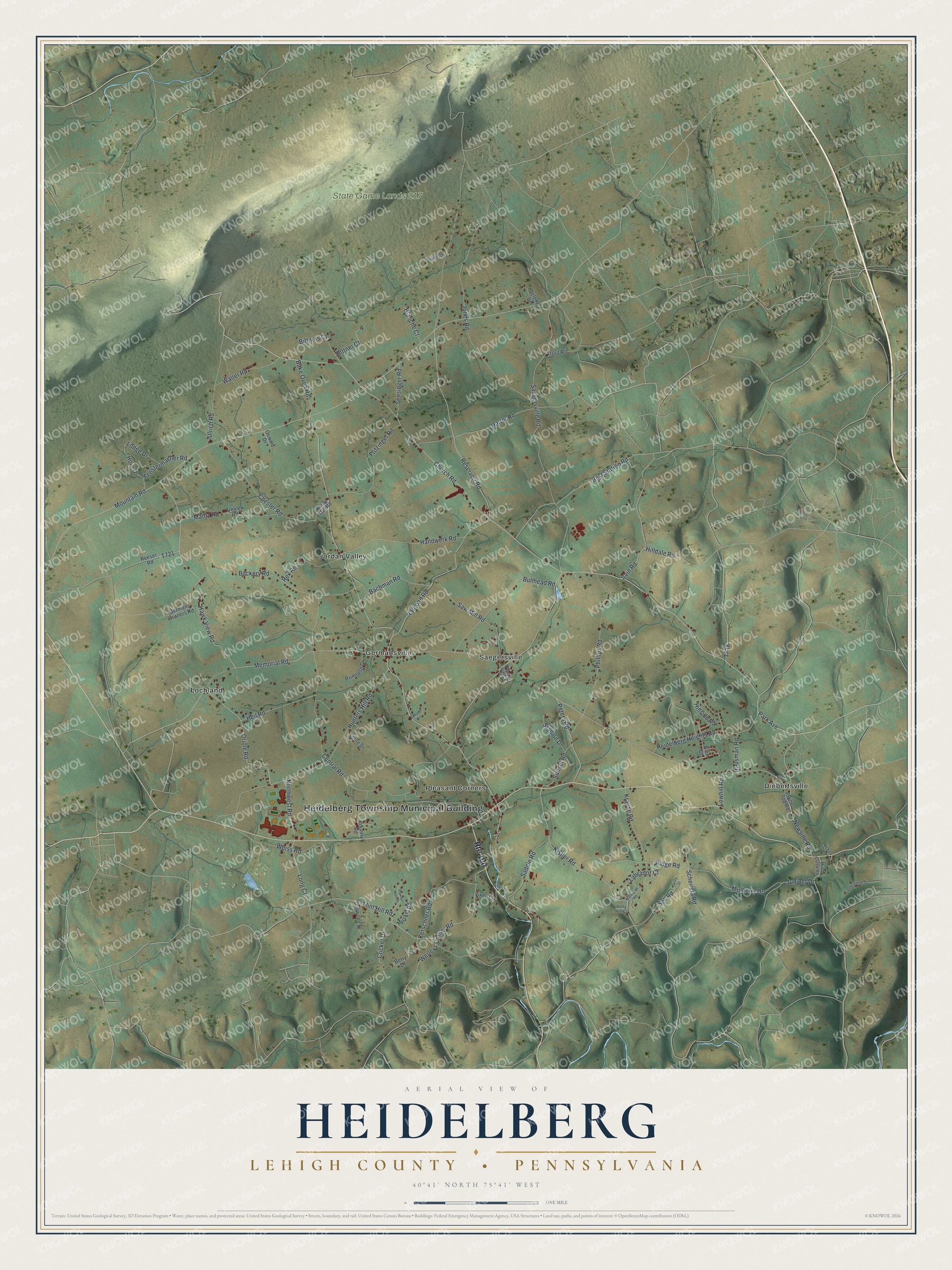Full map of Heidelberg, Lehigh County, Pennsylvania, with red buildings, printed street names and the land around them