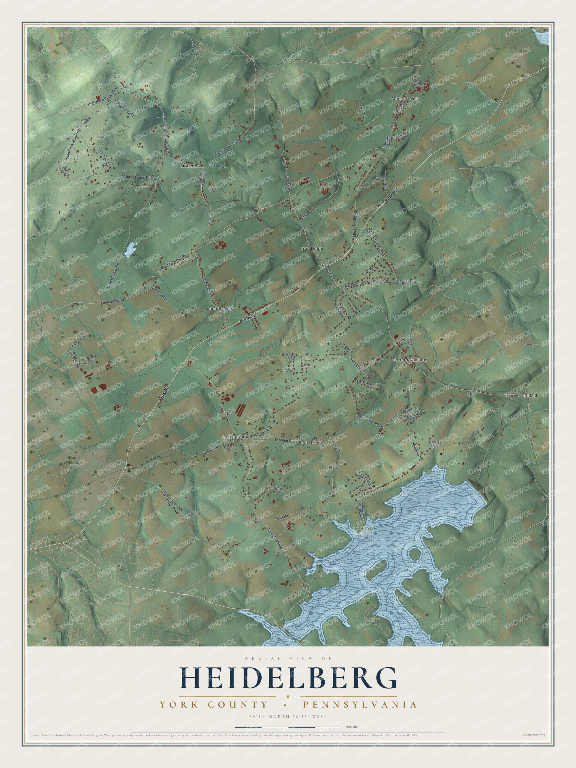 Full map of Heidelberg, York County, Pennsylvania, with red buildings, printed street names and the land around them