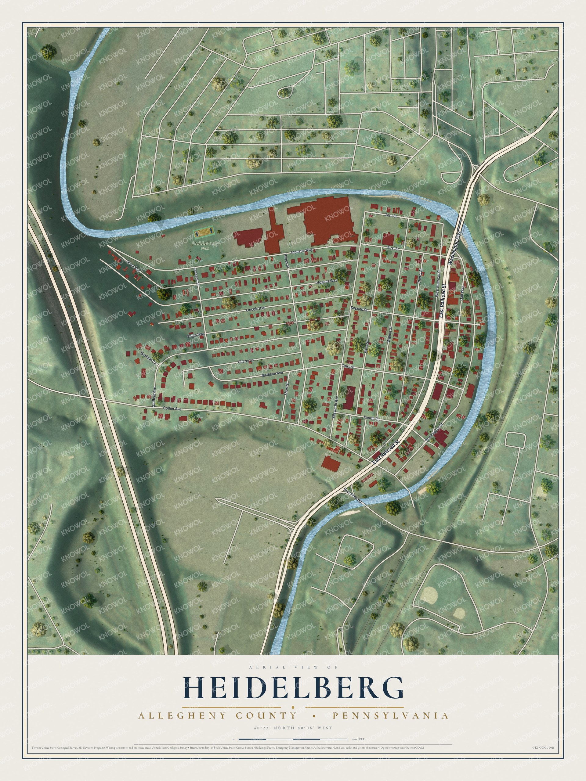 Full map of Heidelberg, Allegheny County, Pennsylvania, with red buildings, printed street names and the land around them