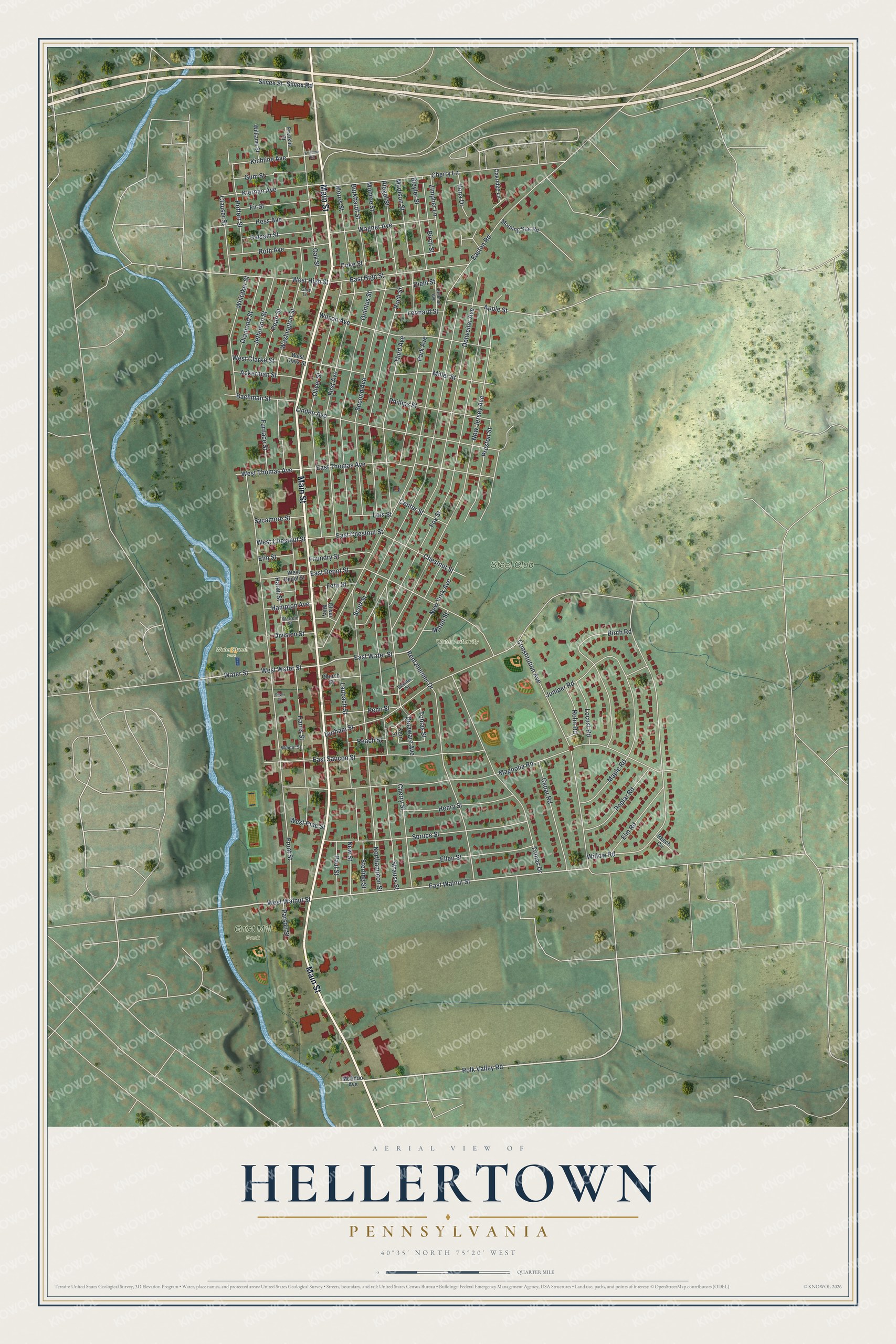 Full map of Hellertown, Pennsylvania, with red buildings, printed street names and the land around them