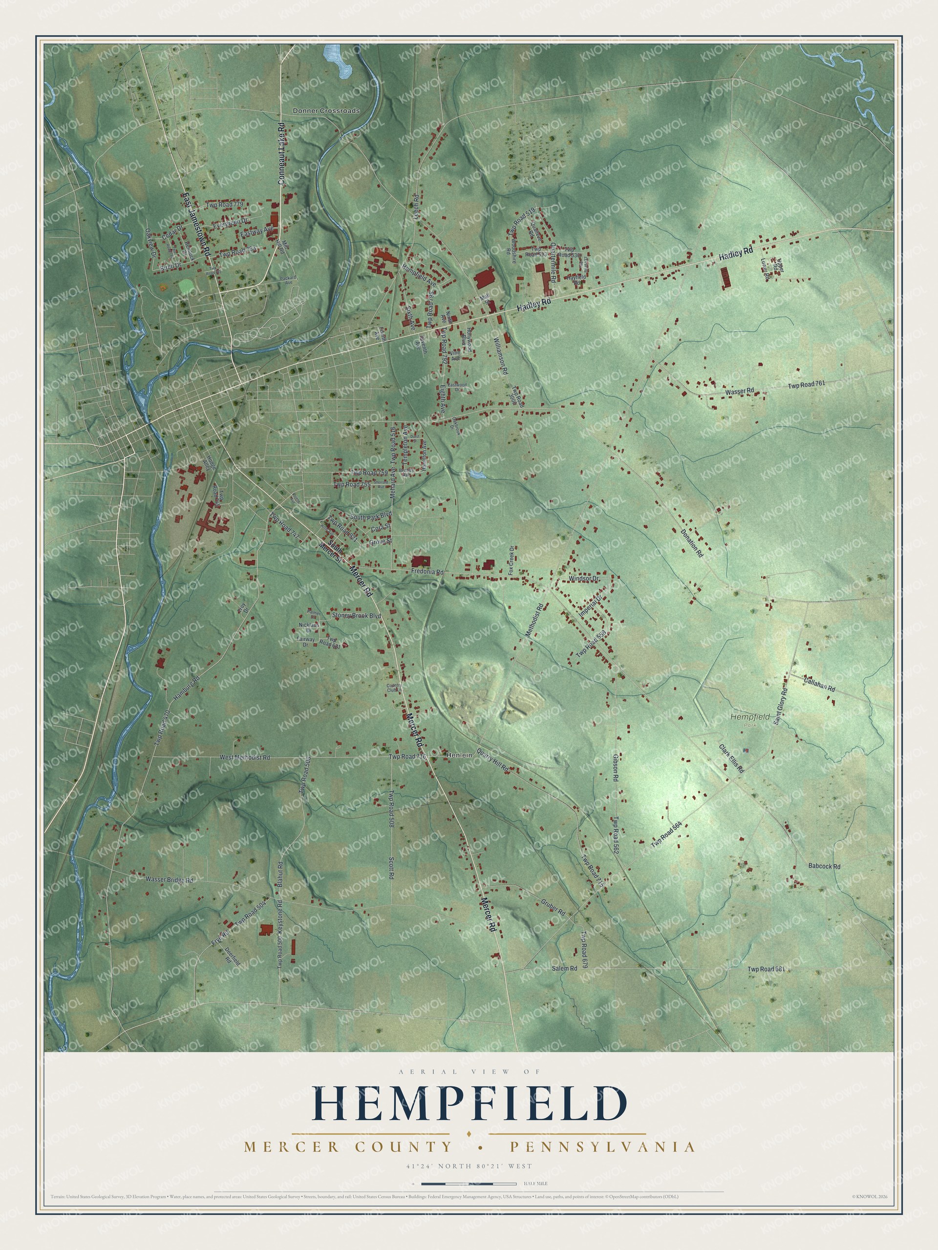 Full map of Hempfield, Mercer County, Pennsylvania, with red buildings, printed street names and the land around them