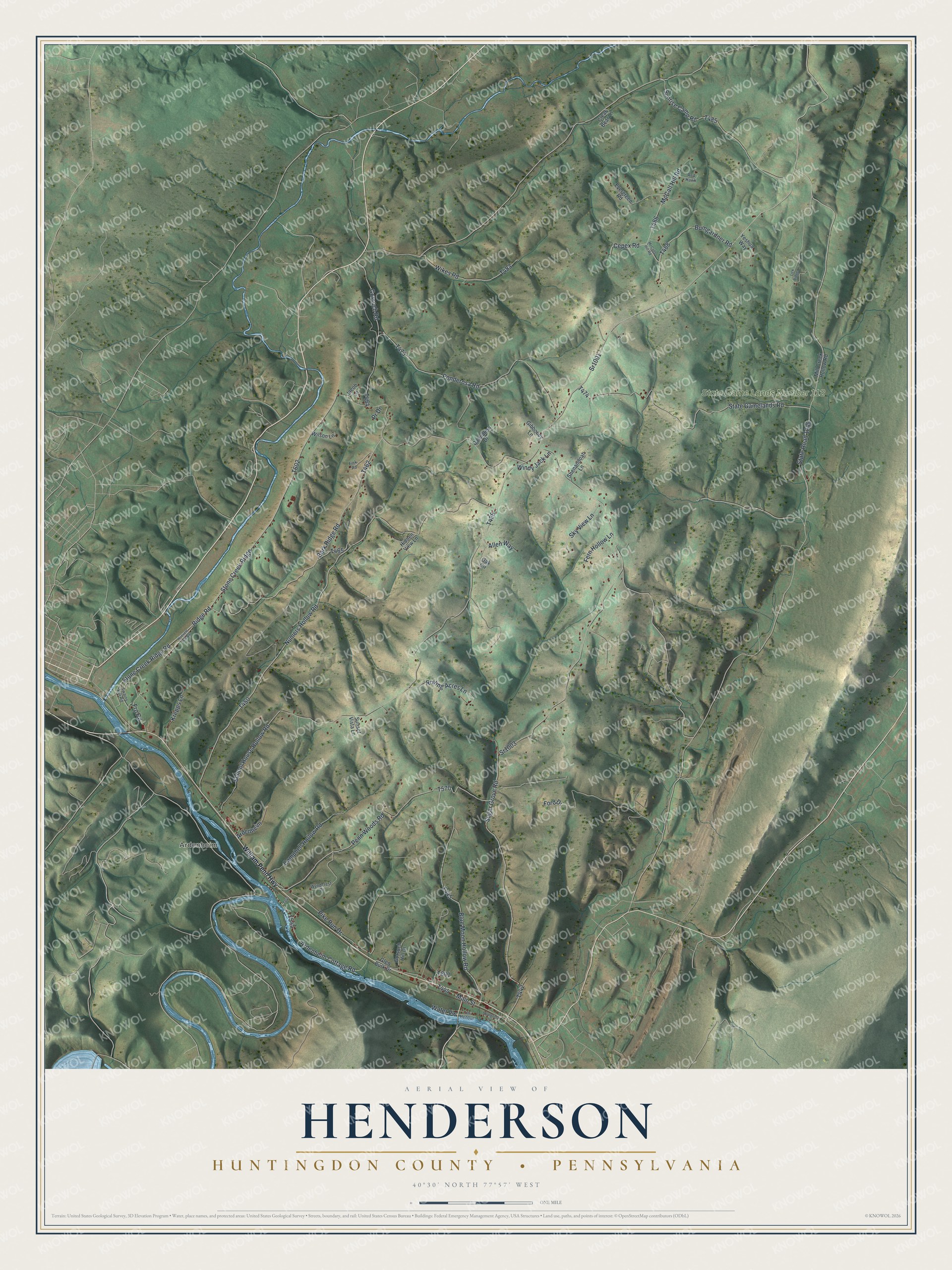 Full map of Henderson, Huntingdon County, Pennsylvania, with red buildings, printed street names and the land around them