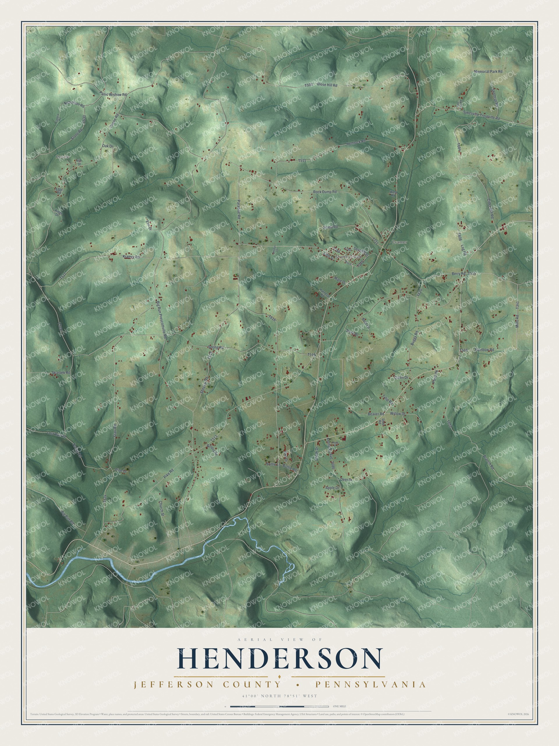 Full map of Henderson, Jefferson County, Pennsylvania, with red buildings, printed street names and the land around them