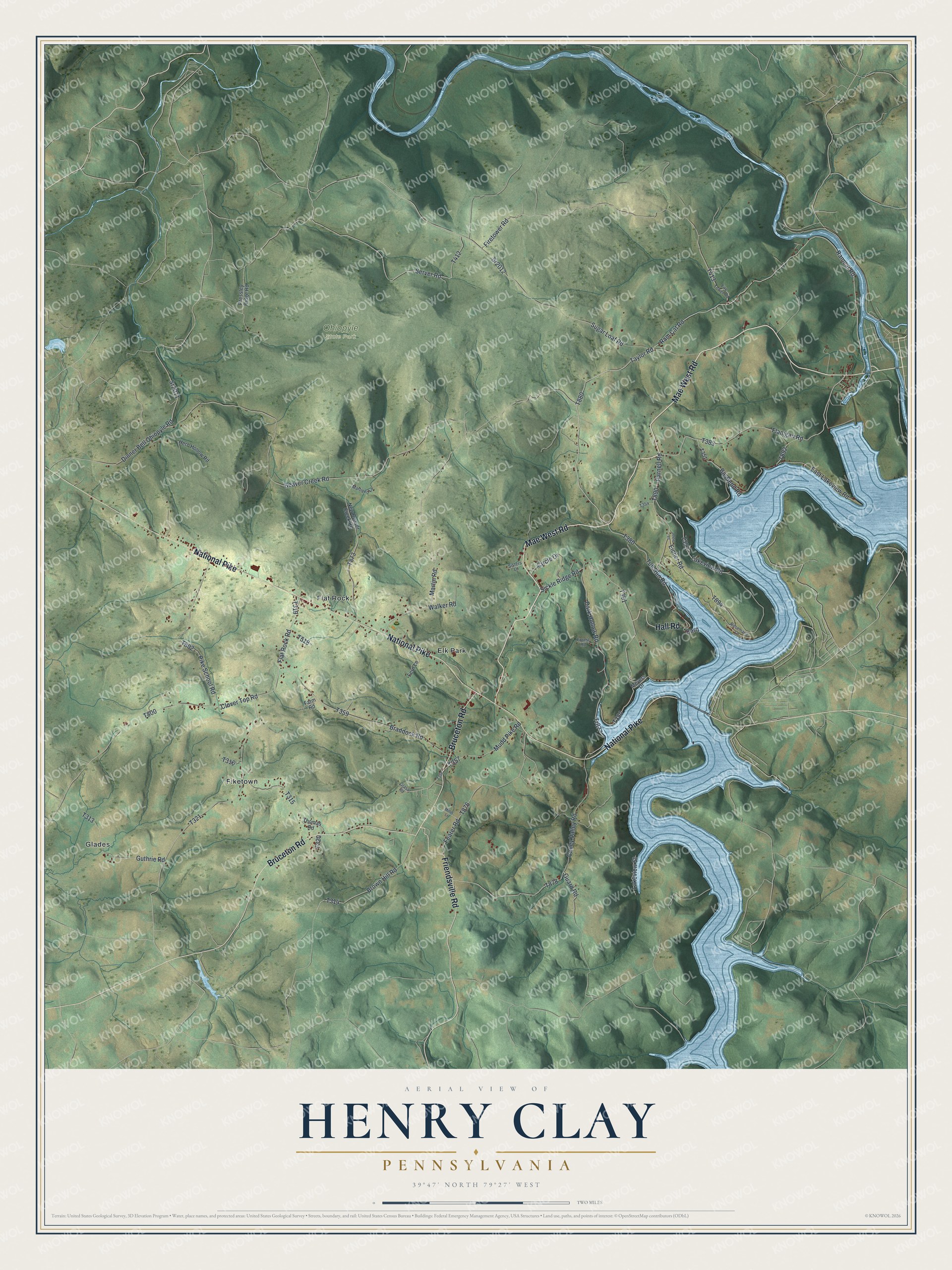 Full map of Henry Clay, Pennsylvania, with red buildings, printed street names and the land around them