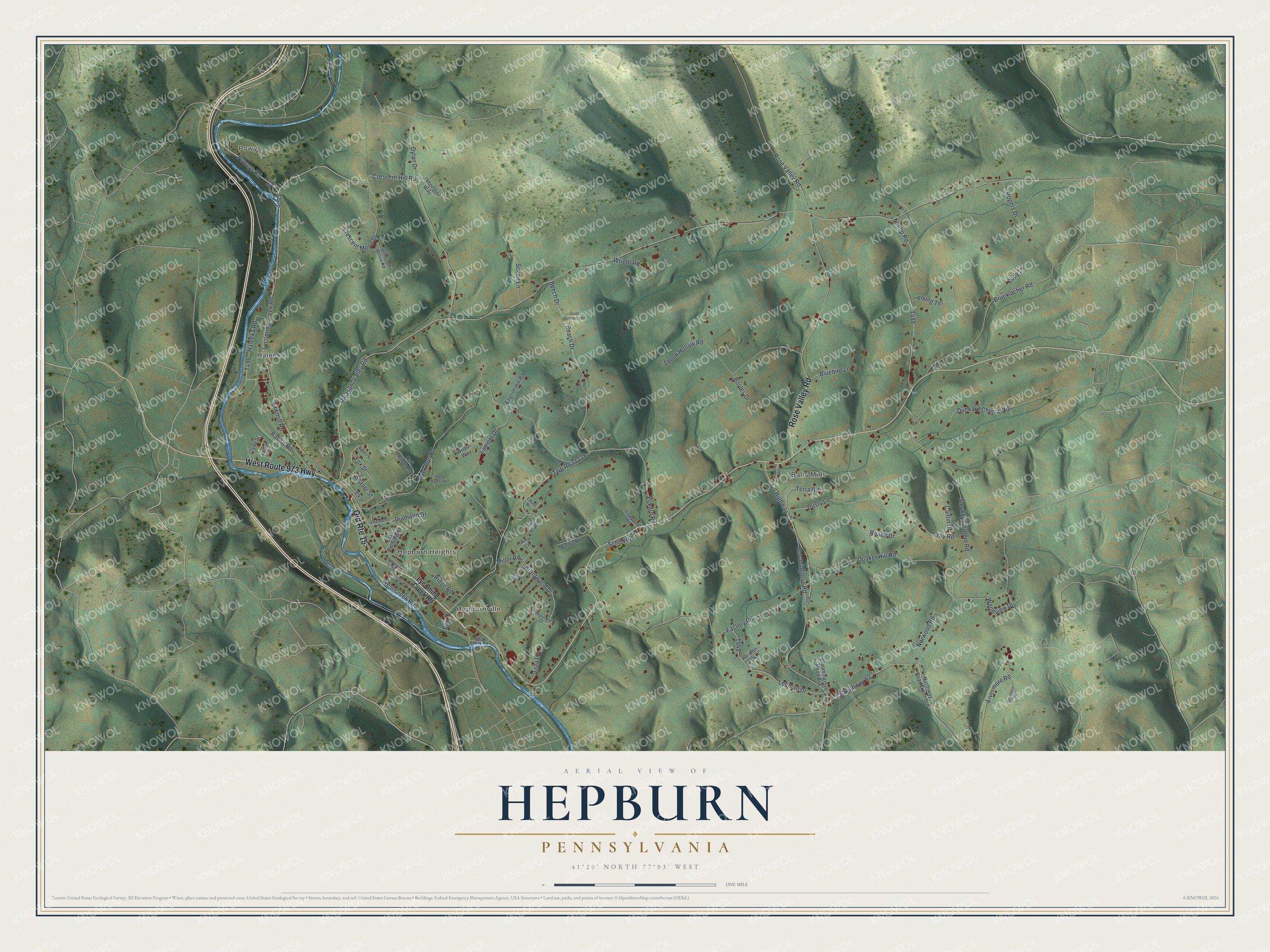 Full map of Hepburn, Pennsylvania, with red buildings, printed street names and the land around them