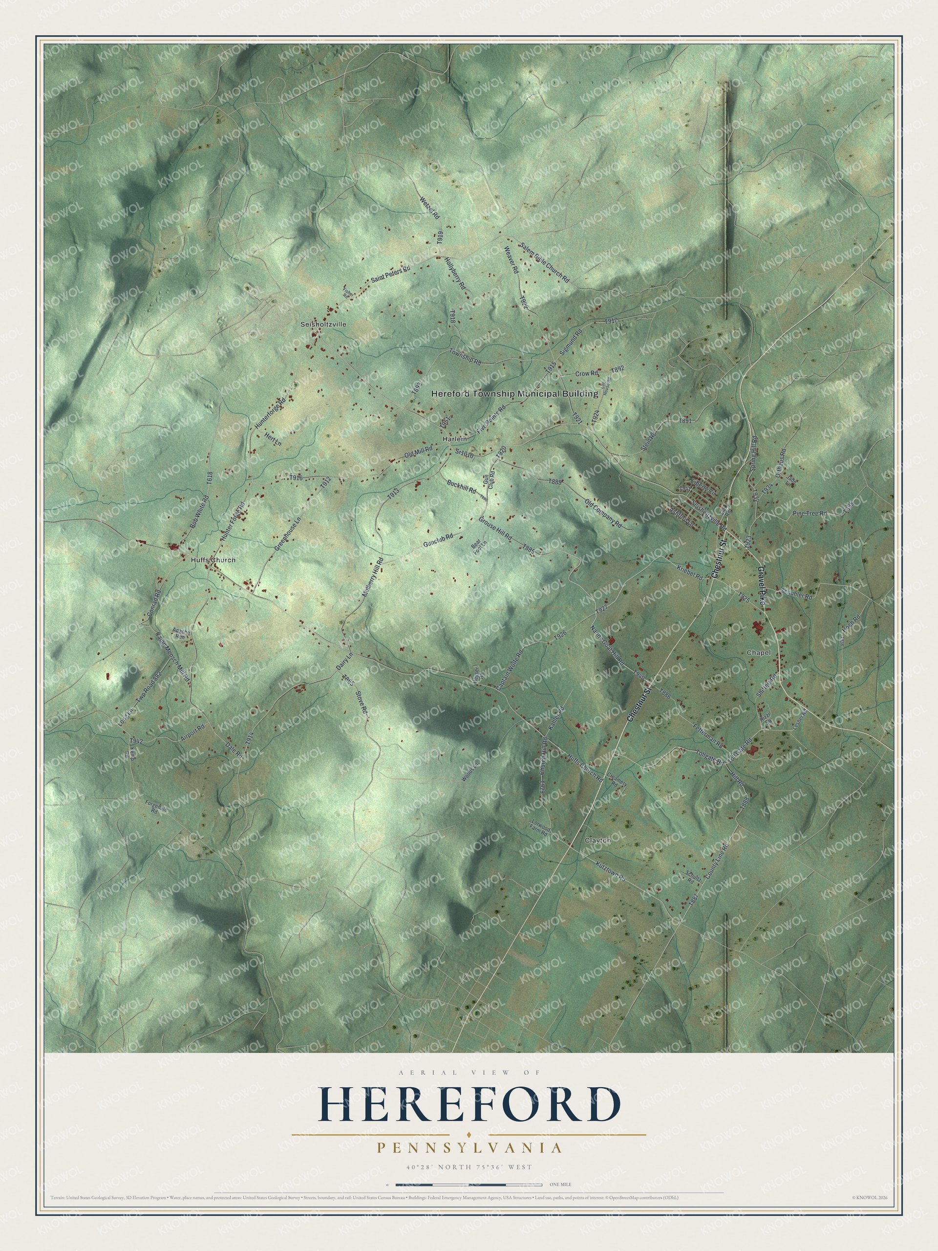 Full map of Hereford, Pennsylvania, with red buildings, printed street names and the land around them