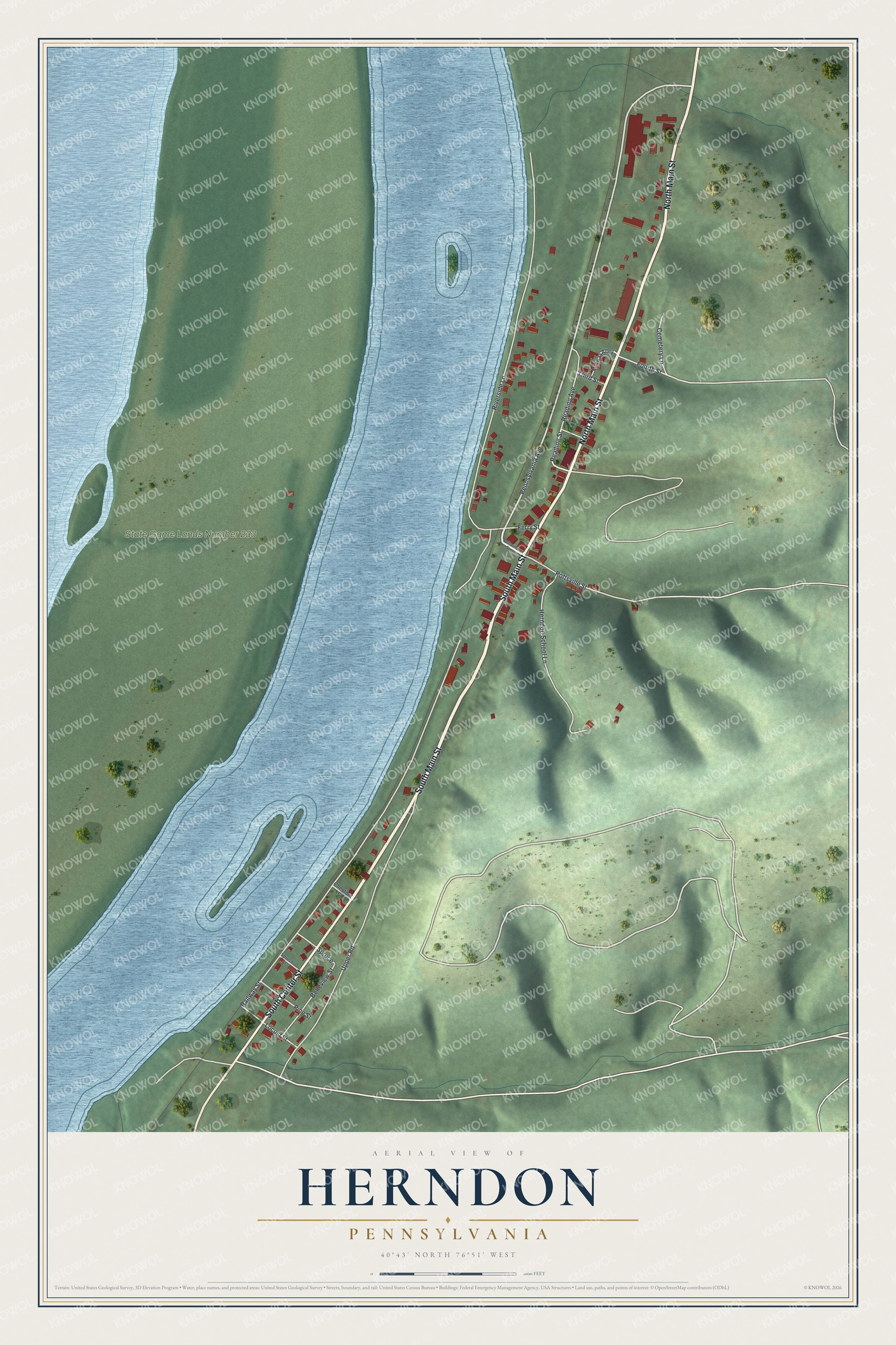 Full map of Herndon, Pennsylvania, with red buildings, printed street names and the land around them