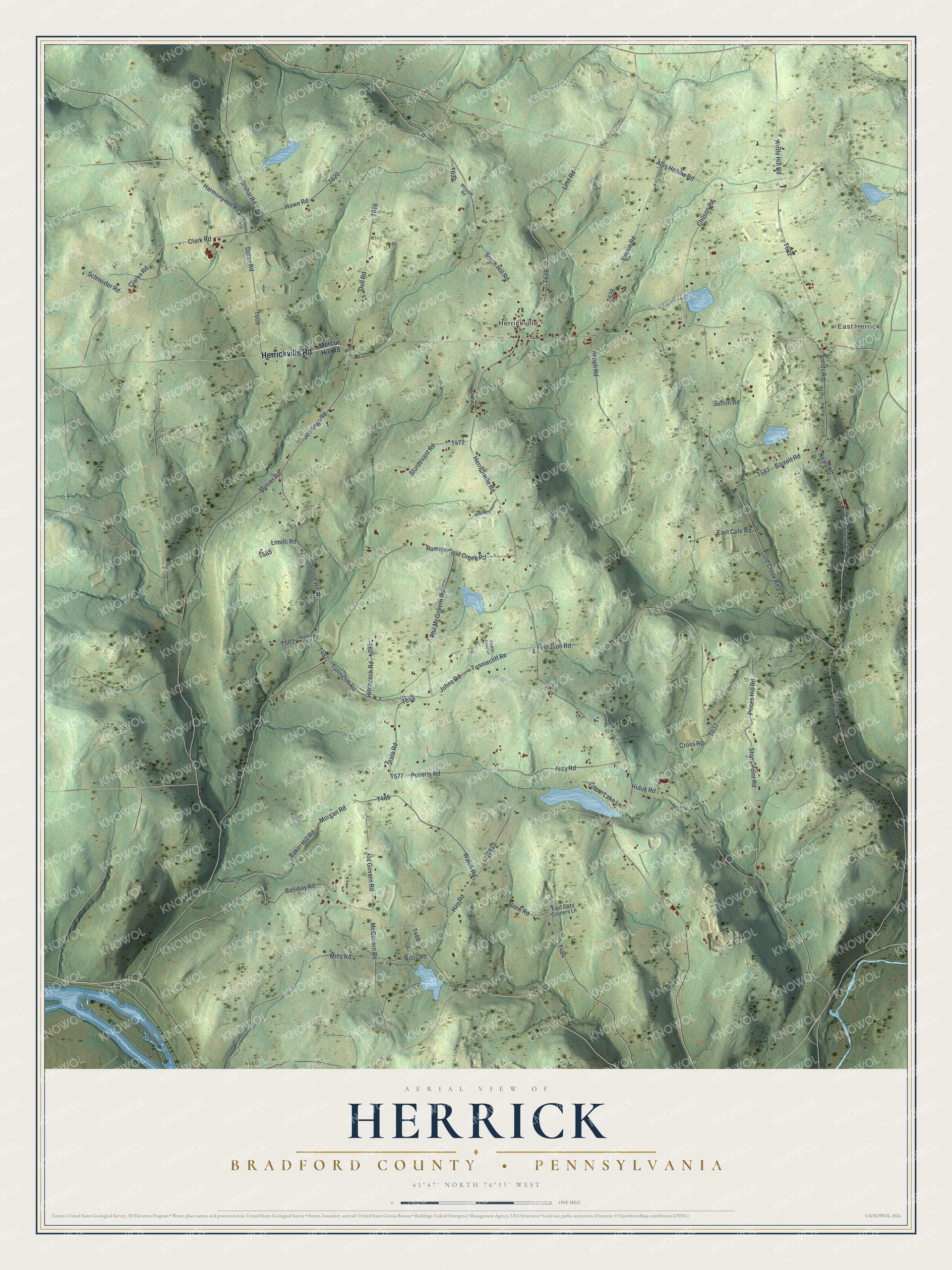 Full map of Herrick, Bradford County, Pennsylvania, with red buildings, printed street names and the land around them