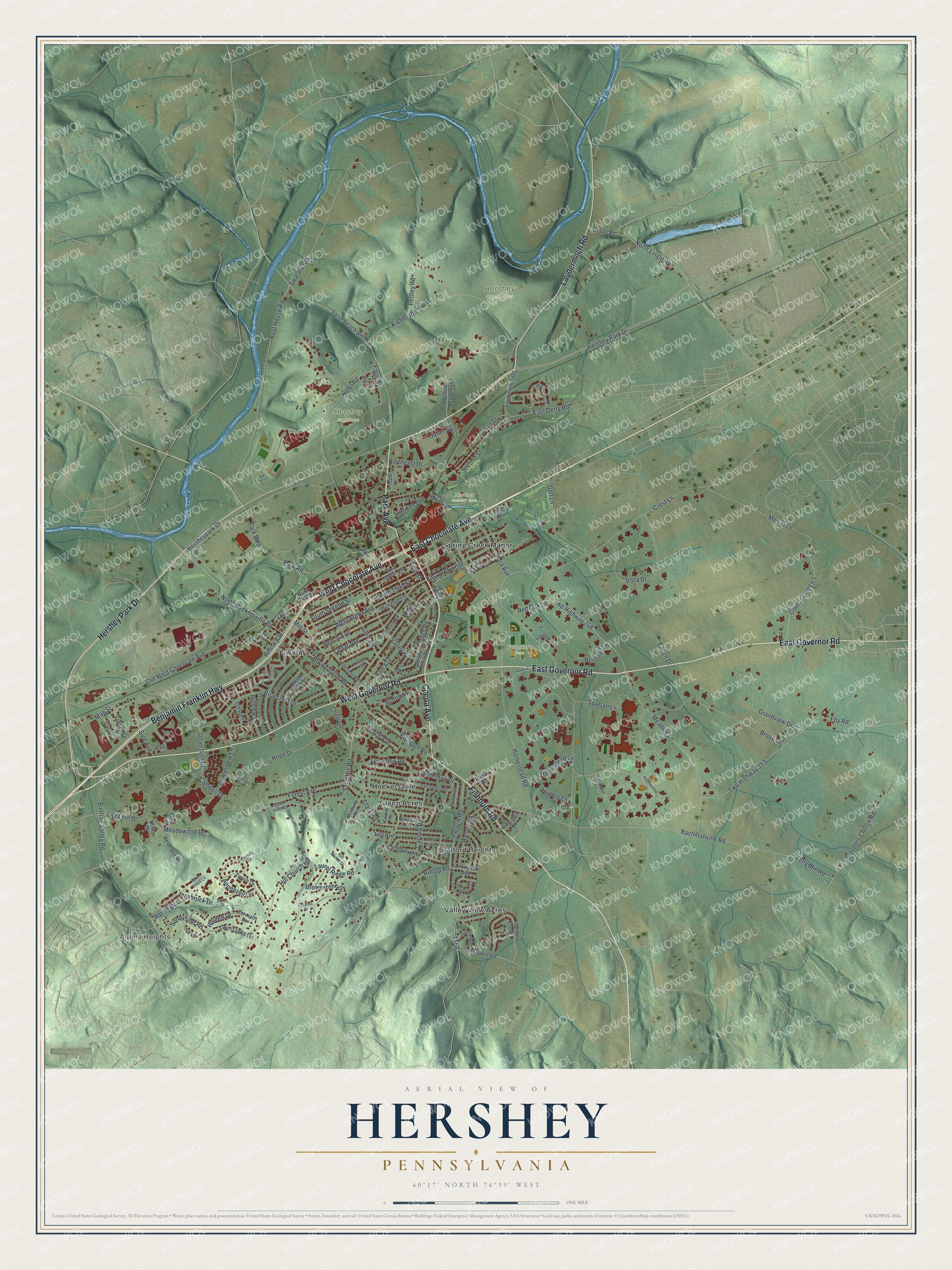 Full map of Hershey, Pennsylvania, with red buildings, printed street names and the land around them