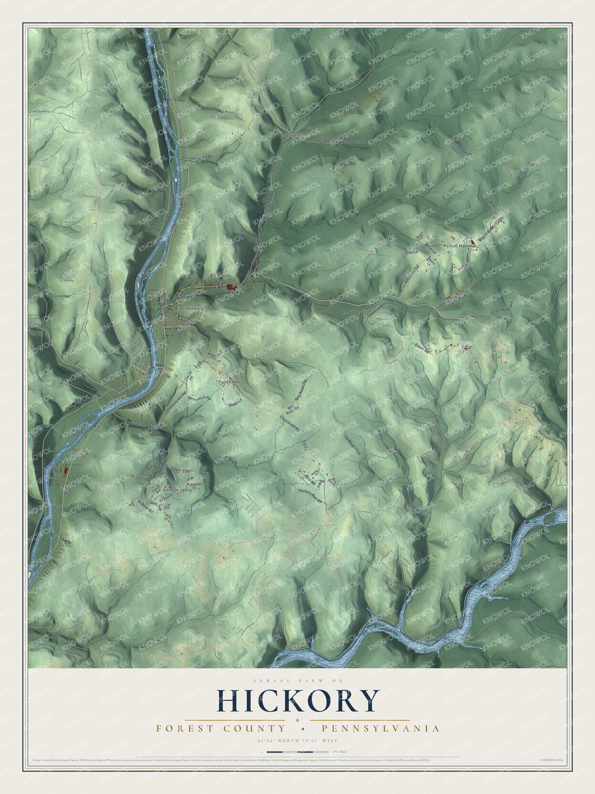 Full map of Hickory, Forest County, Pennsylvania, with red buildings, printed street names and the land around them