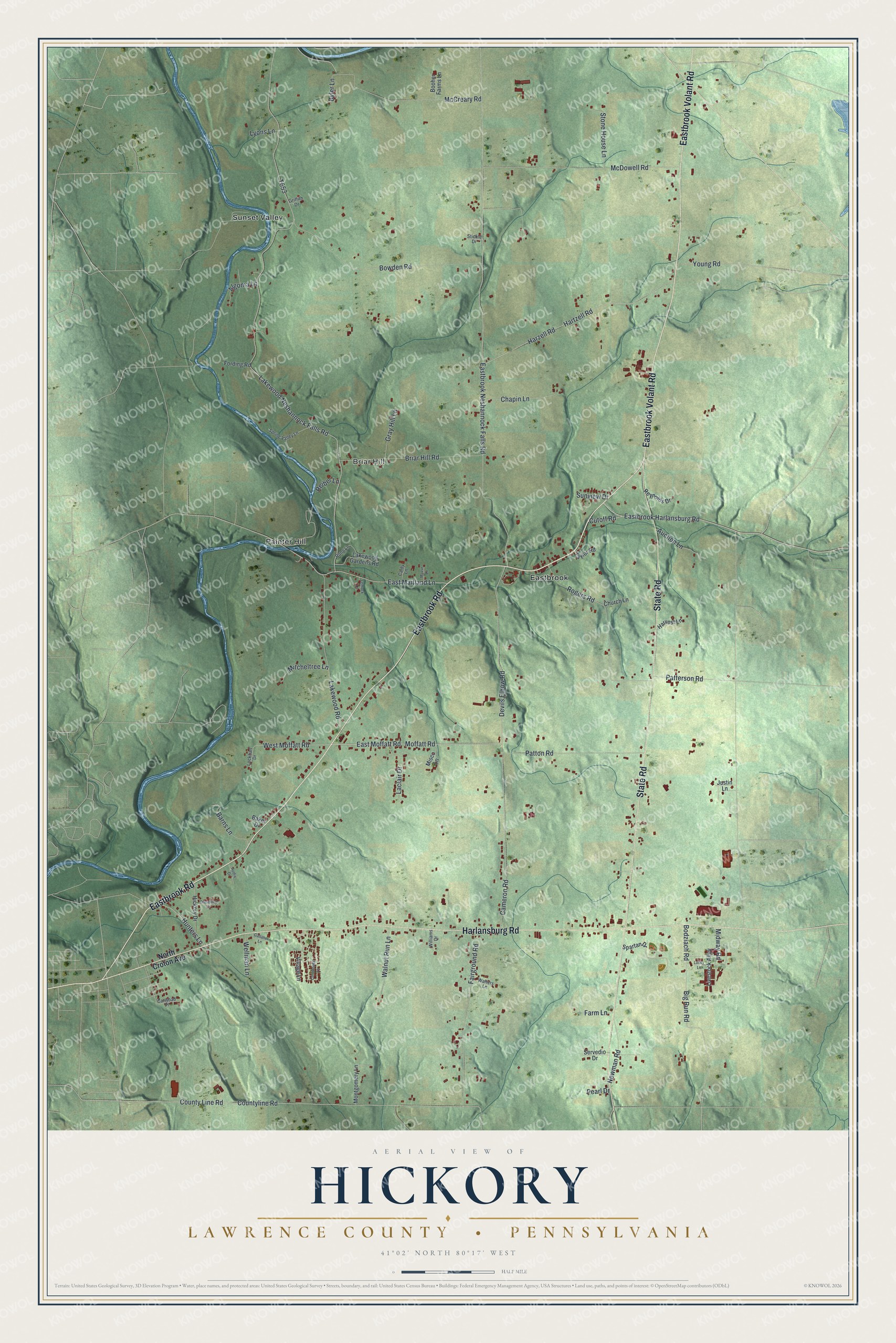 Full map of Hickory, Lawrence County, Pennsylvania, with red buildings, printed street names and the land around them