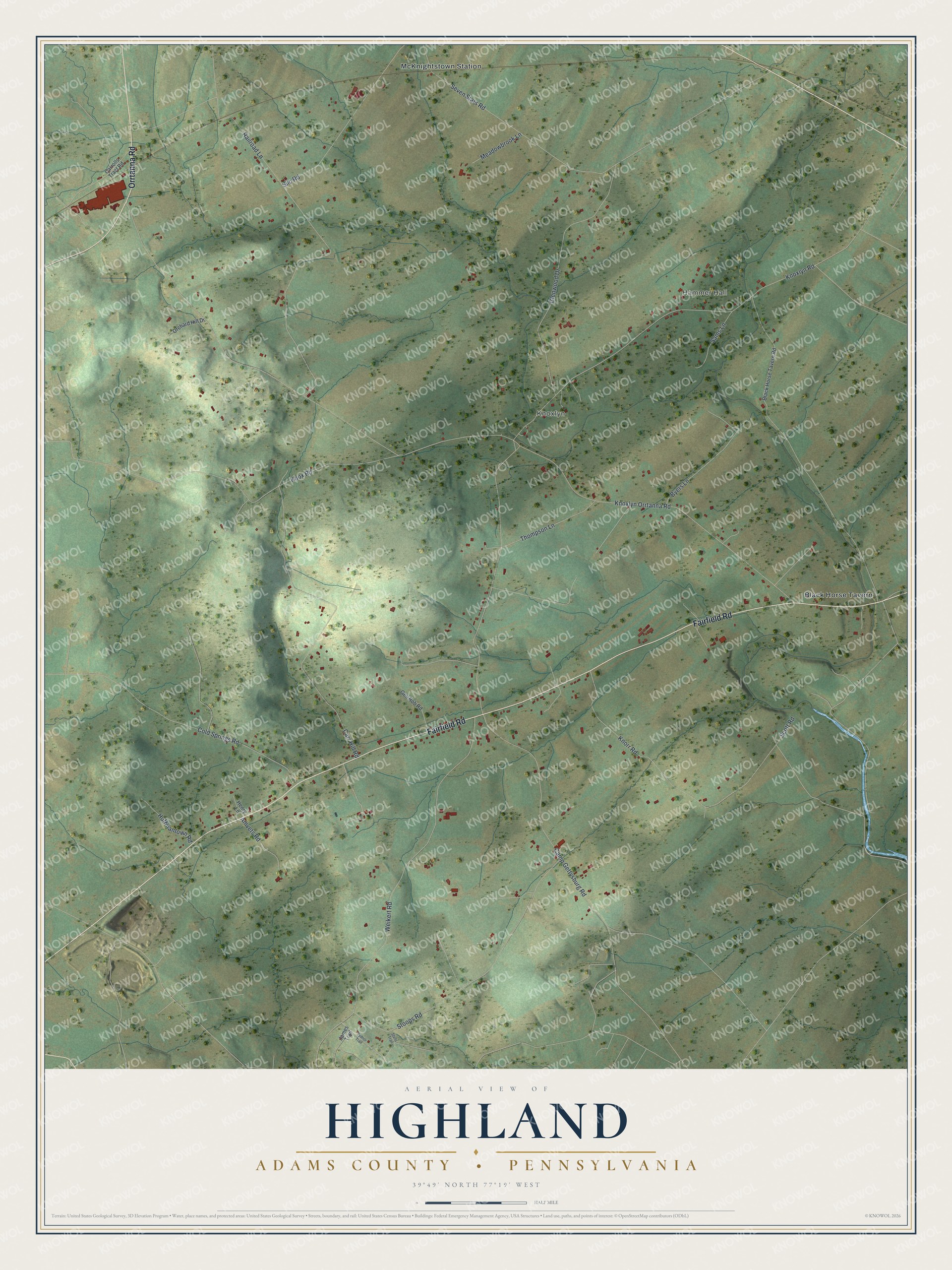 Full map of Highland, Adams County, Pennsylvania, with red buildings, printed street names and the land around them