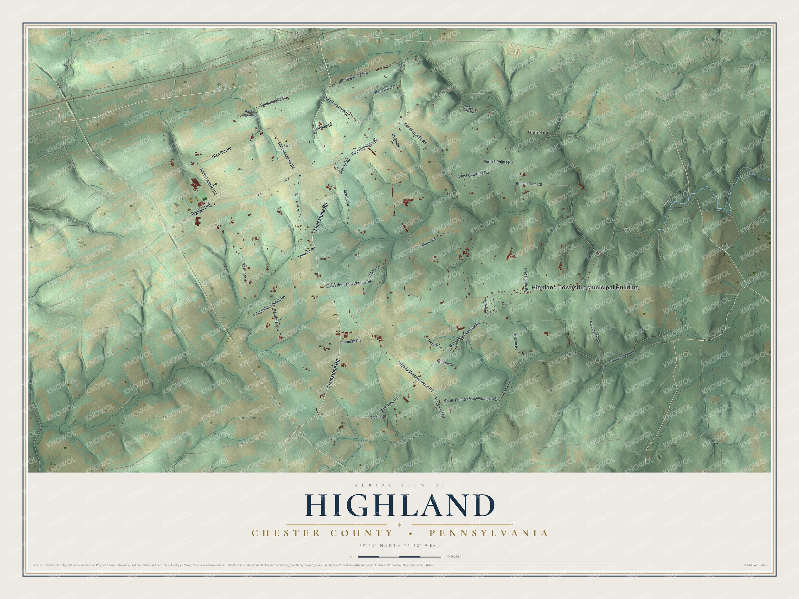Full map of Highland, Chester County, Pennsylvania, with red buildings, printed street names and the land around them