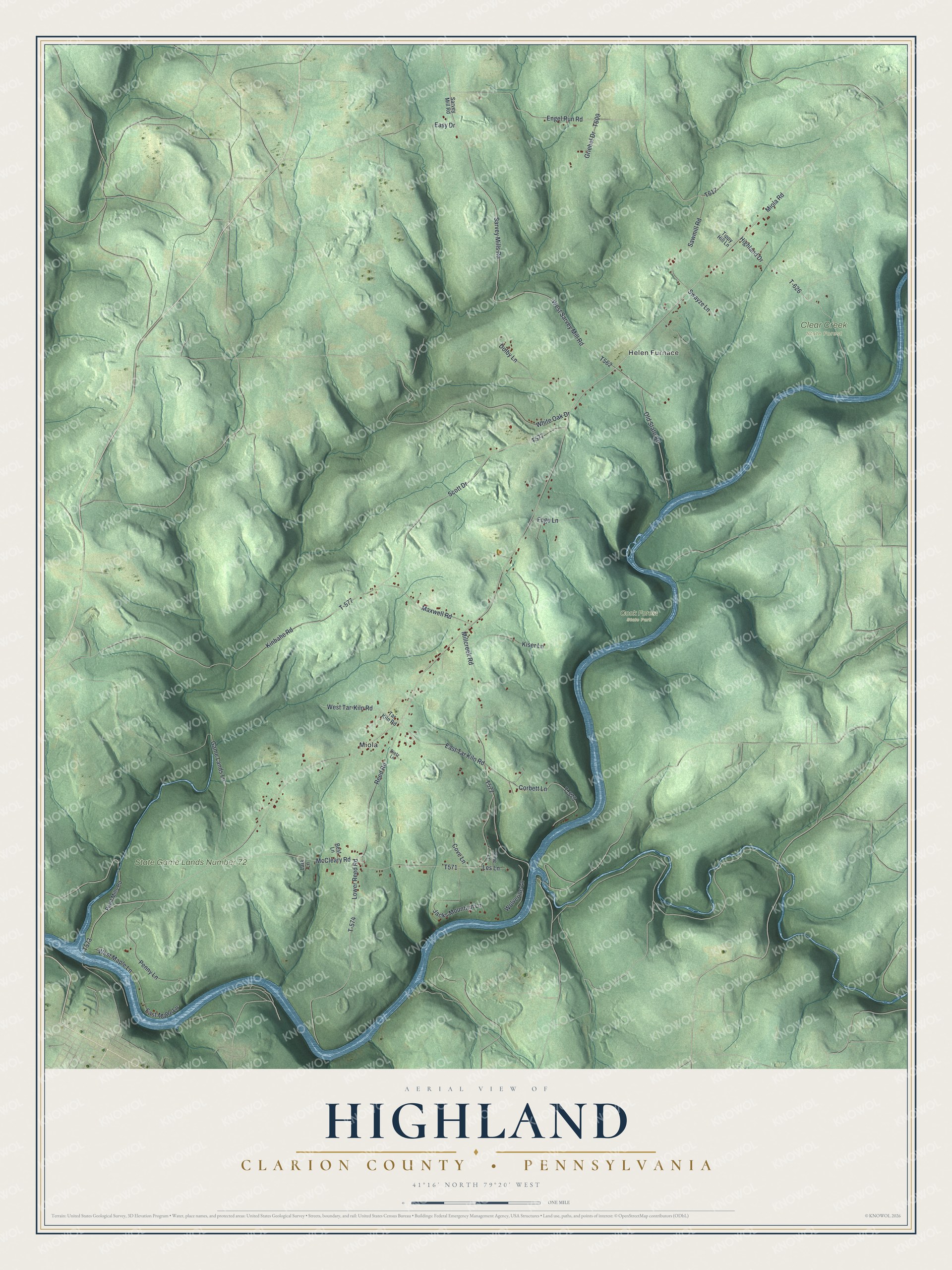 Full map of Highland, Clarion County, Pennsylvania, with red buildings, printed street names and the land around them
