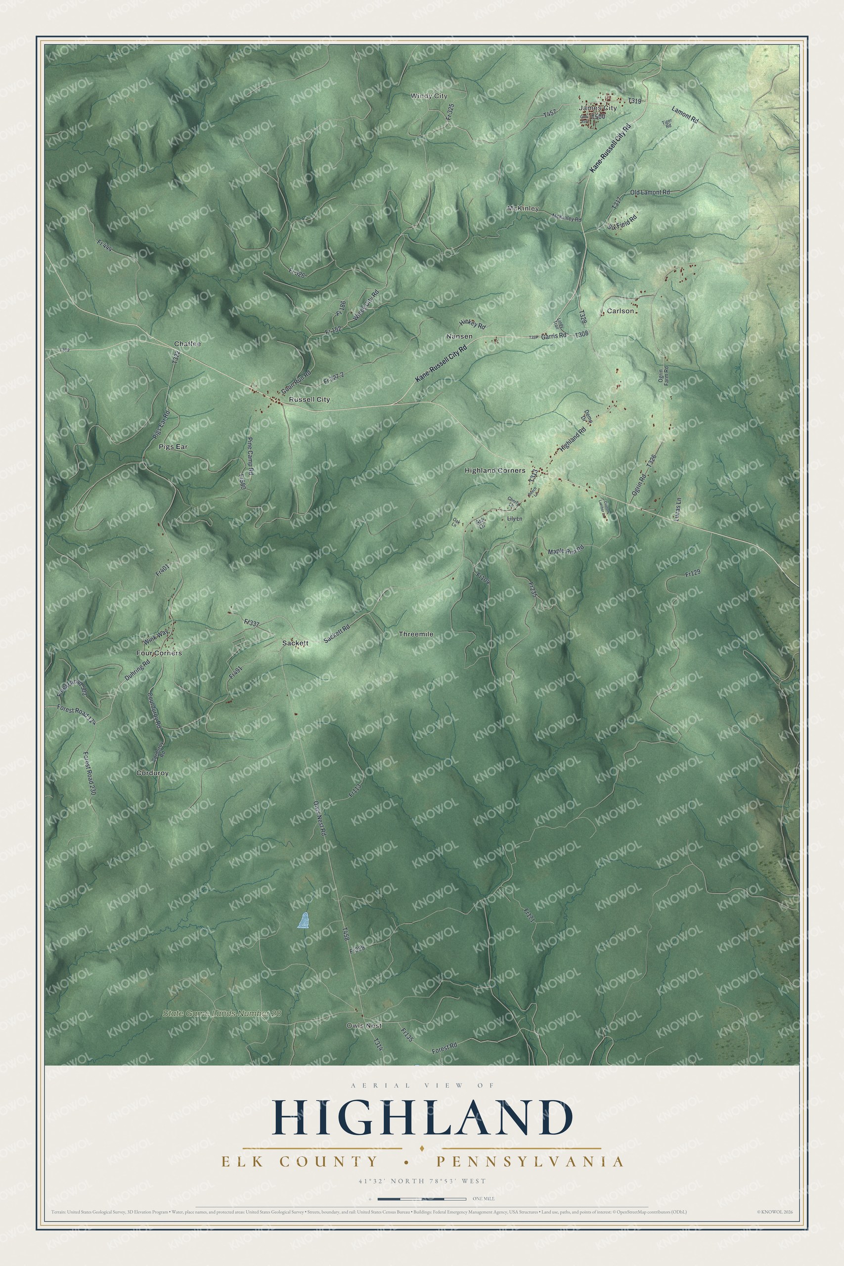 Full map of Highland, Elk County, Pennsylvania, with red buildings, printed street names and the land around them